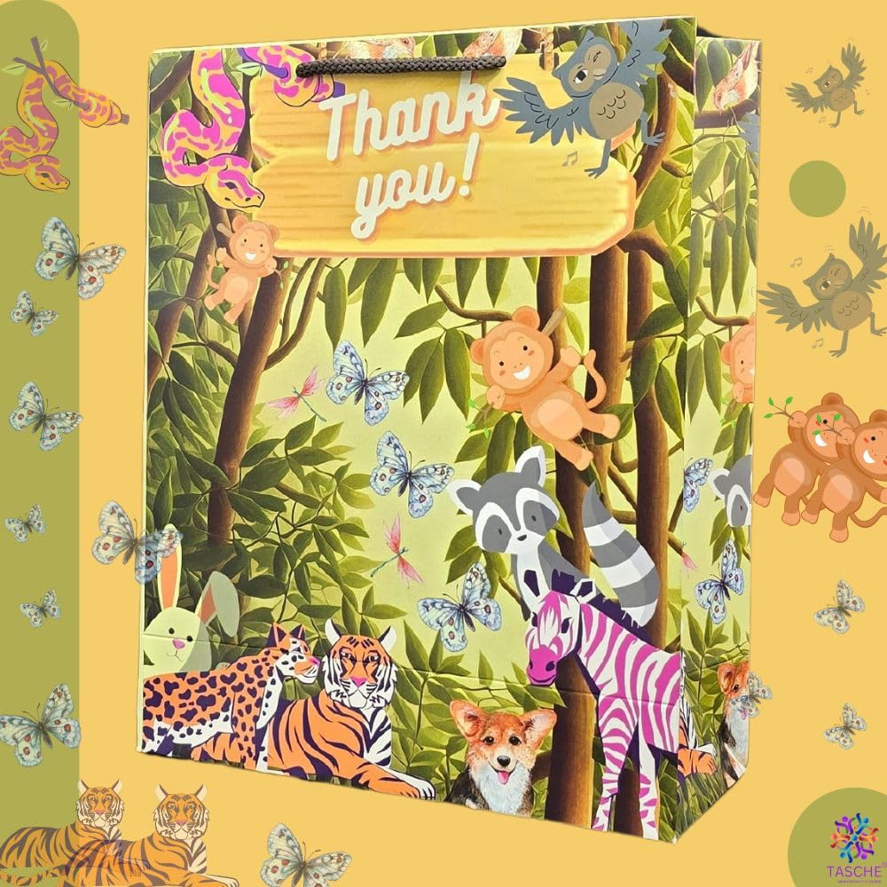 Jungle Animal Design Thank You Paper Gift Bags - 8-Pack Multi-Color Party Favor Bags for Birthdays, Holidays & Return Gifts | Perfect for Baby Showers, Kids Parties & Special Occasions