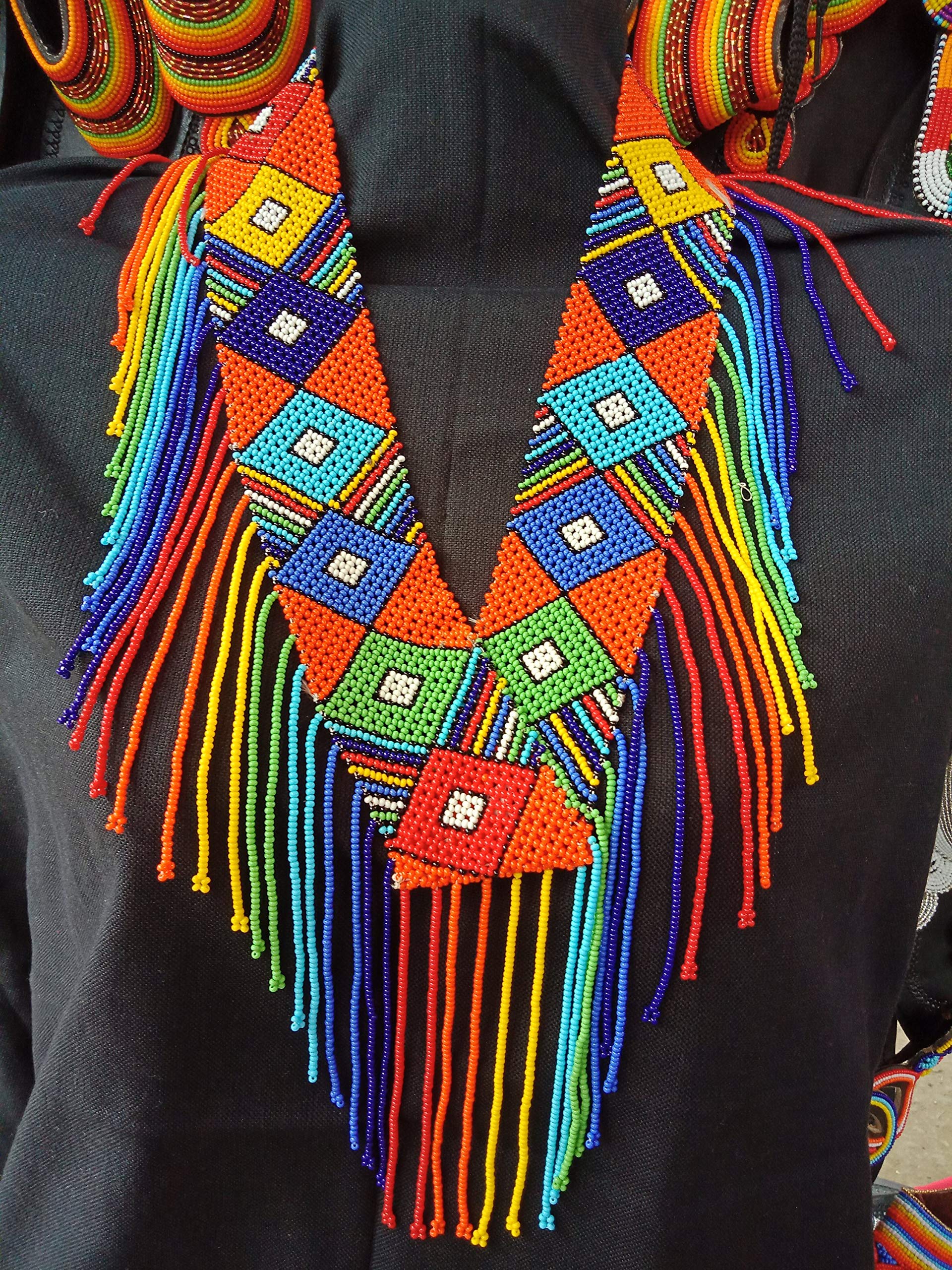 African Red Zulu Multicolored Beaded Waterfall Necklace - Handmade Tribal Jewelry for Women - Stylish Gift for Her - Perfect for Boho Fashion, Weddings & Cultural Events