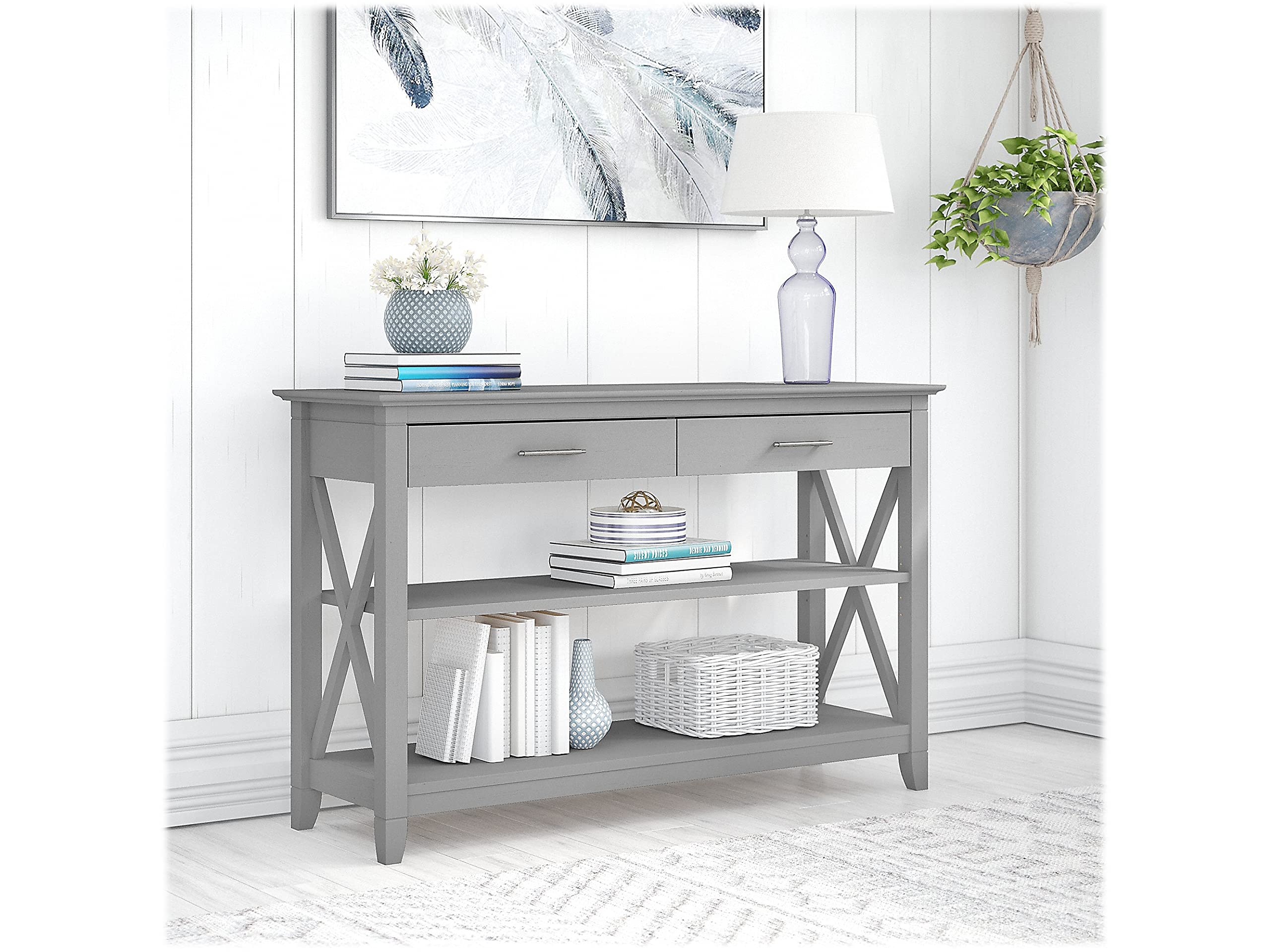 Bush Furniture Narrow Console Table with Storage - Key West Collection Entryway Table with Drawers & Aged Bronze Hardware, 47