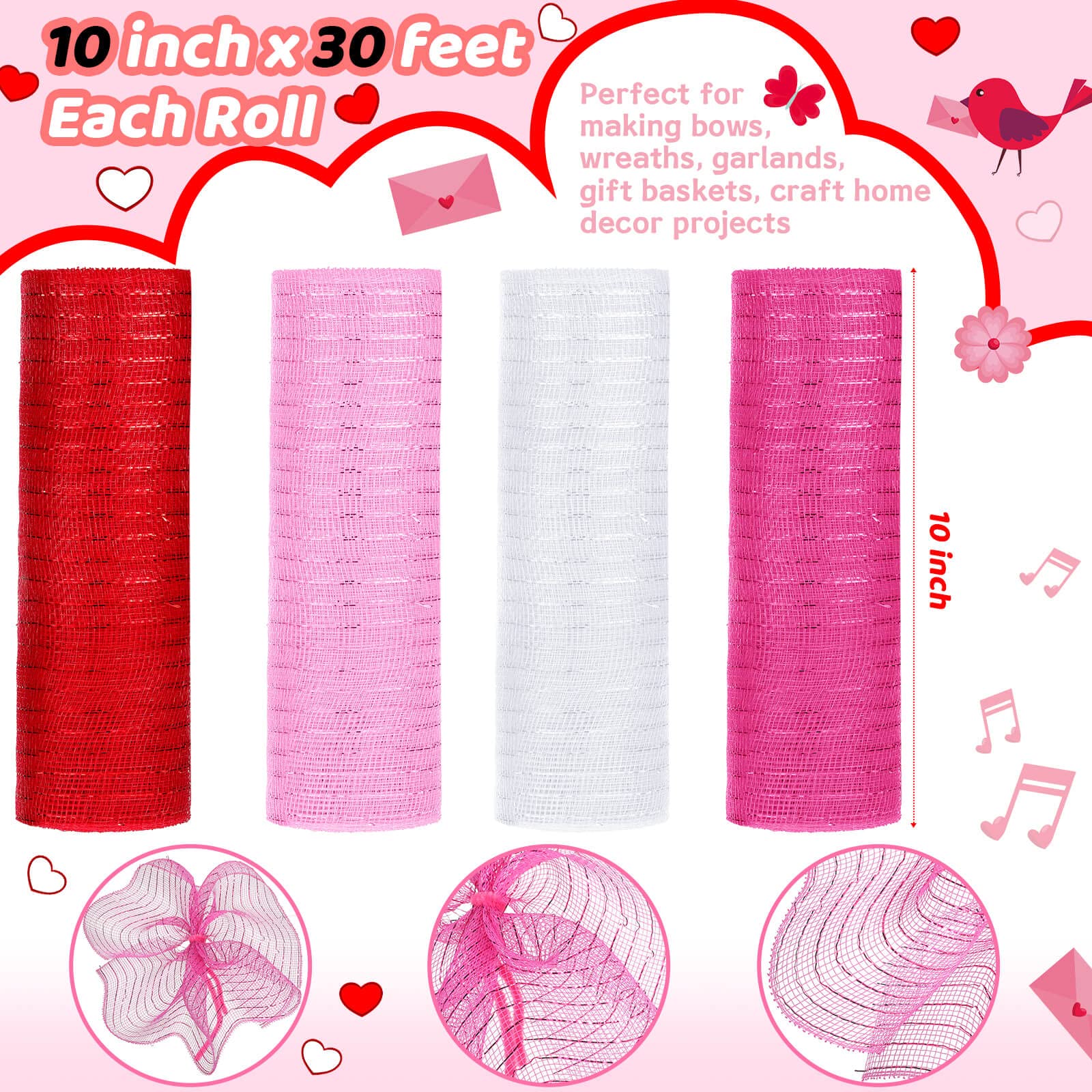 4 Rolls Valentine's Day Mesh Ribbon - 10 Inch x 30 Feet Decorative Mesh for Wreaths, Crafts & DIY - Includes 100 Chenille Stems in Red, Burgundy, Pink & White - Perfect for Valentine's Decor, Gift Wrapping & Party Supplies