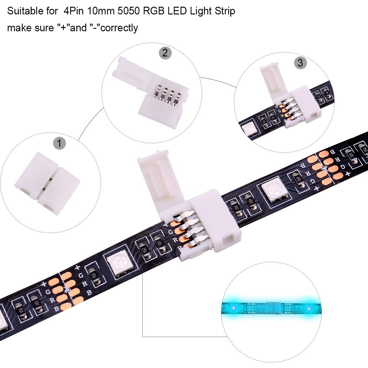 5050 RGB LED Strip Connectors 4 Pin - 10mm L Shape LED Light Connector Kit for Indoor/Outdoor Decoration, Home Theater & DIY Lighting Projects
