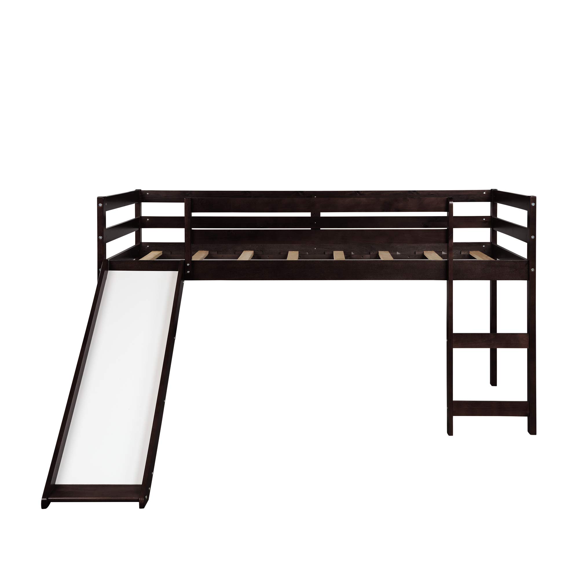 Kids Wooden Loft Bed with Slide & Ladder - Twin Size Low Loft Bed Frame with Safety Guard Rails in Espresso Finish | Perfect for Small Bedrooms, Playrooms & Space-Saving Kids' Furniture