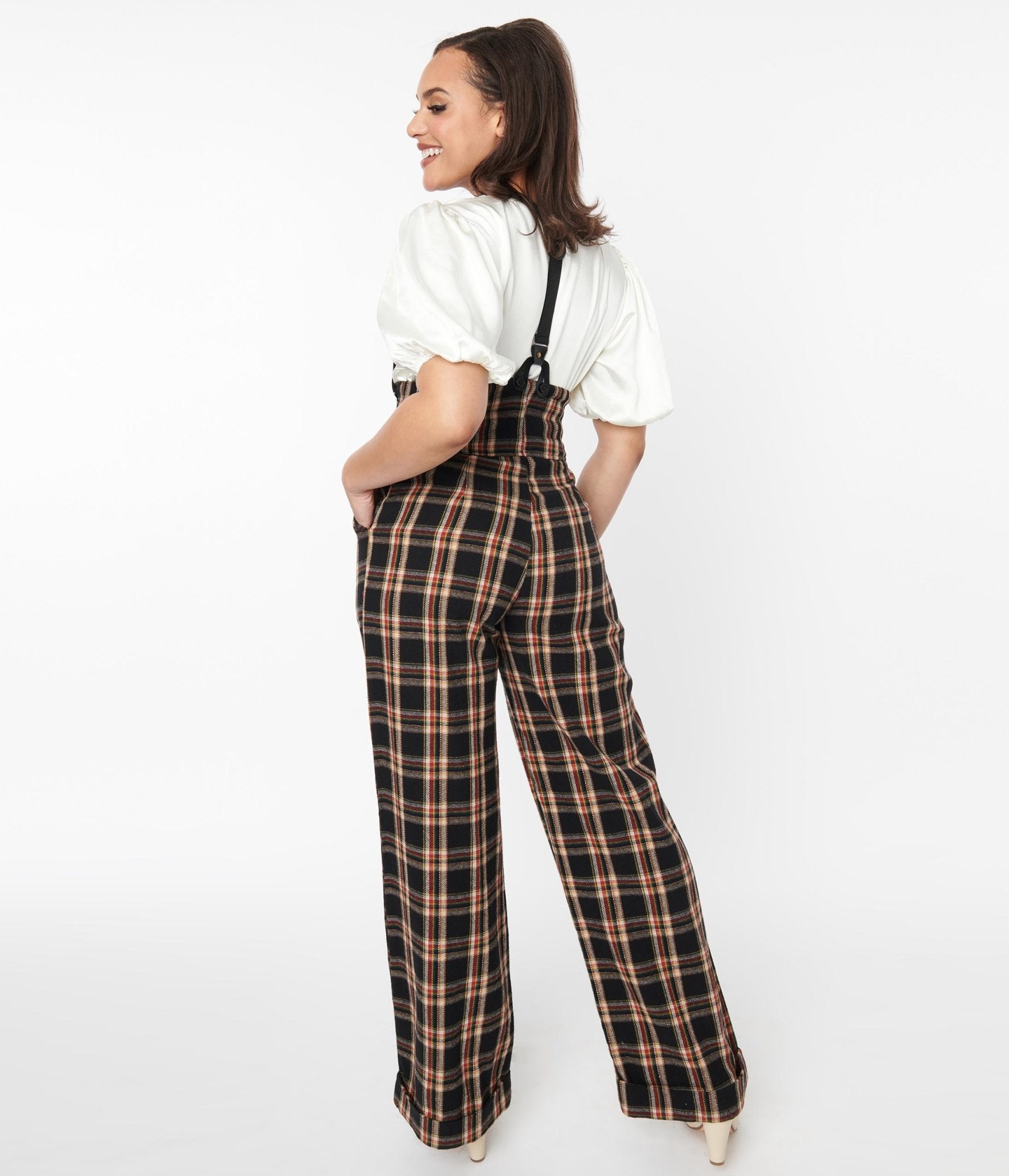 Vintage 1930s Thelma High Waisted Suspender Pants in Black & Auburn Plaid - Retro Fashion for Women, Perfect for Cosplay, Steampunk Outfits, and Vintage-Themed Parties