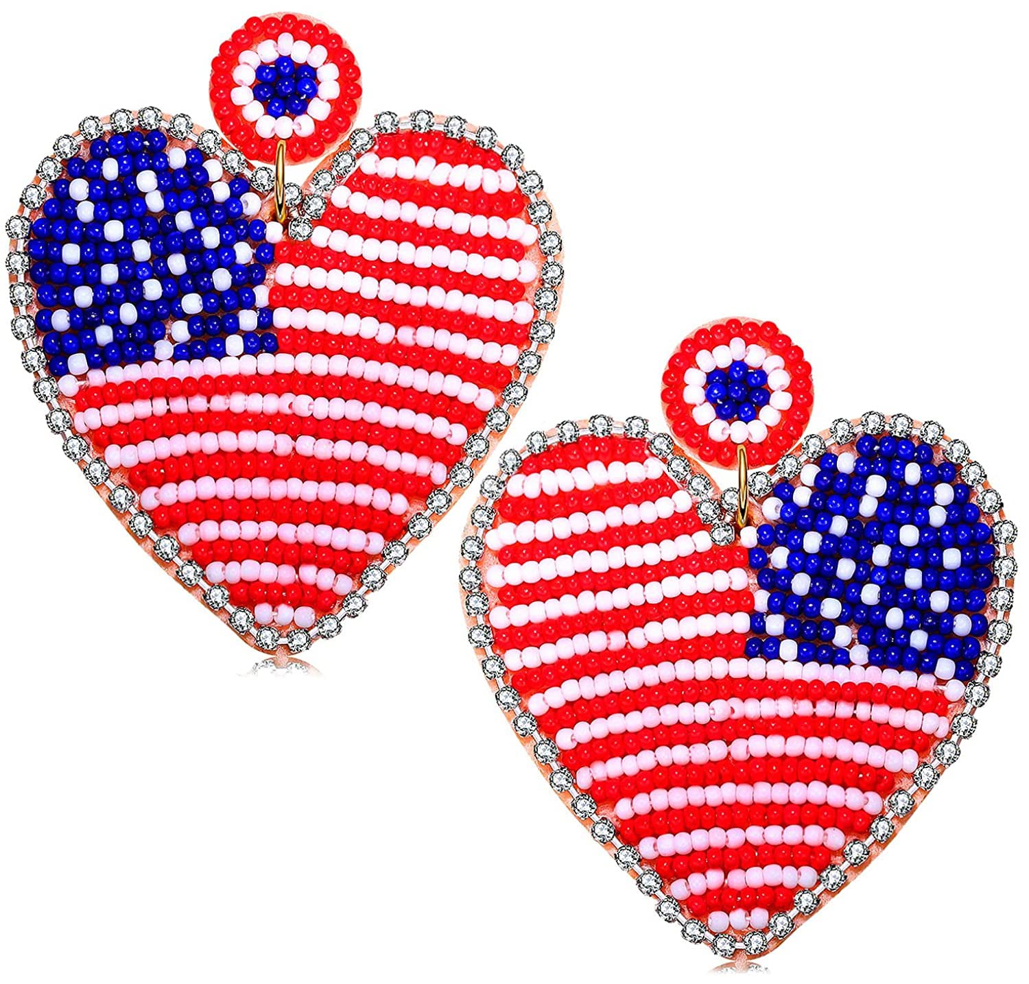 Patriotic Beaded Heart Star Flag Dangle Earrings for Women - Handmade American Flag Jewelry - Perfect for Independence Day, 4th of July, Memorial Day & Veterans Day Gifts - Great for Parties, Festivals & Patriotic Events
