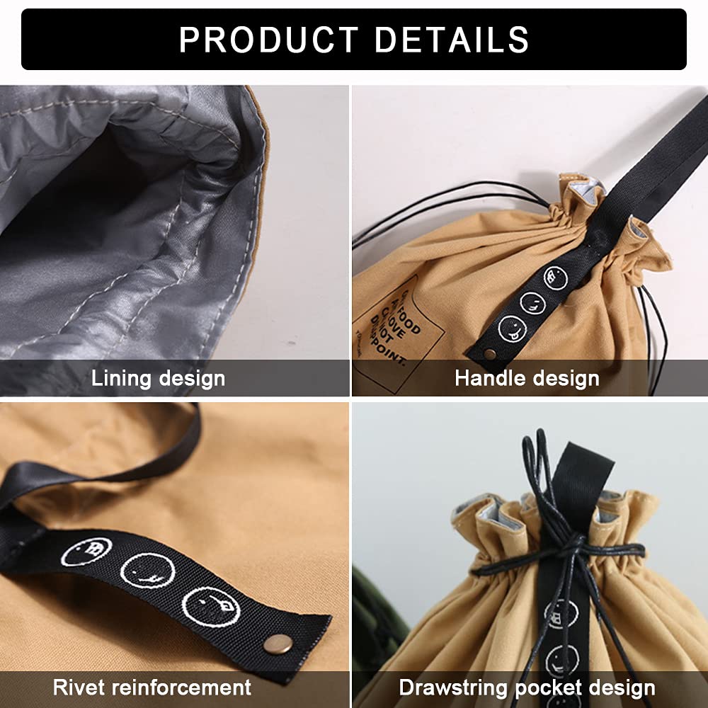 Insulated Canvas Lunch Bag with Drawstring Closure - Foldable Lightweight Cooler Tote for Office, Work, Picnic & Outdoor Activities - Eco-Friendly Green Lunch Box for Meal Prep & Daily Commute