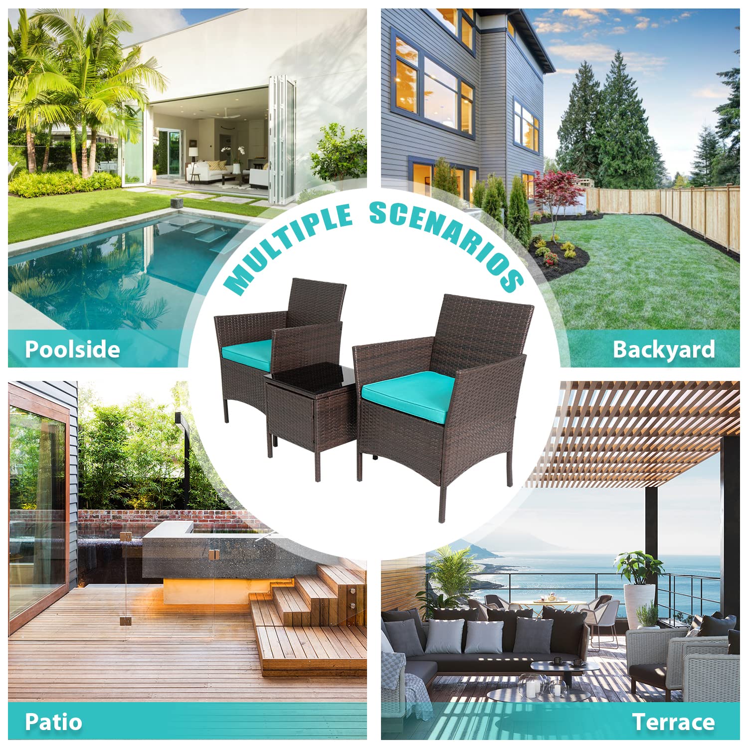 PayLessHere 3-Piece Outdoor Wicker Bistro Set - 2 PE Rattan Chairs with Cushions & Coffee Table - Patio, Garden, Porch Furniture for Backyard, Poolside & Balcony (Blue)