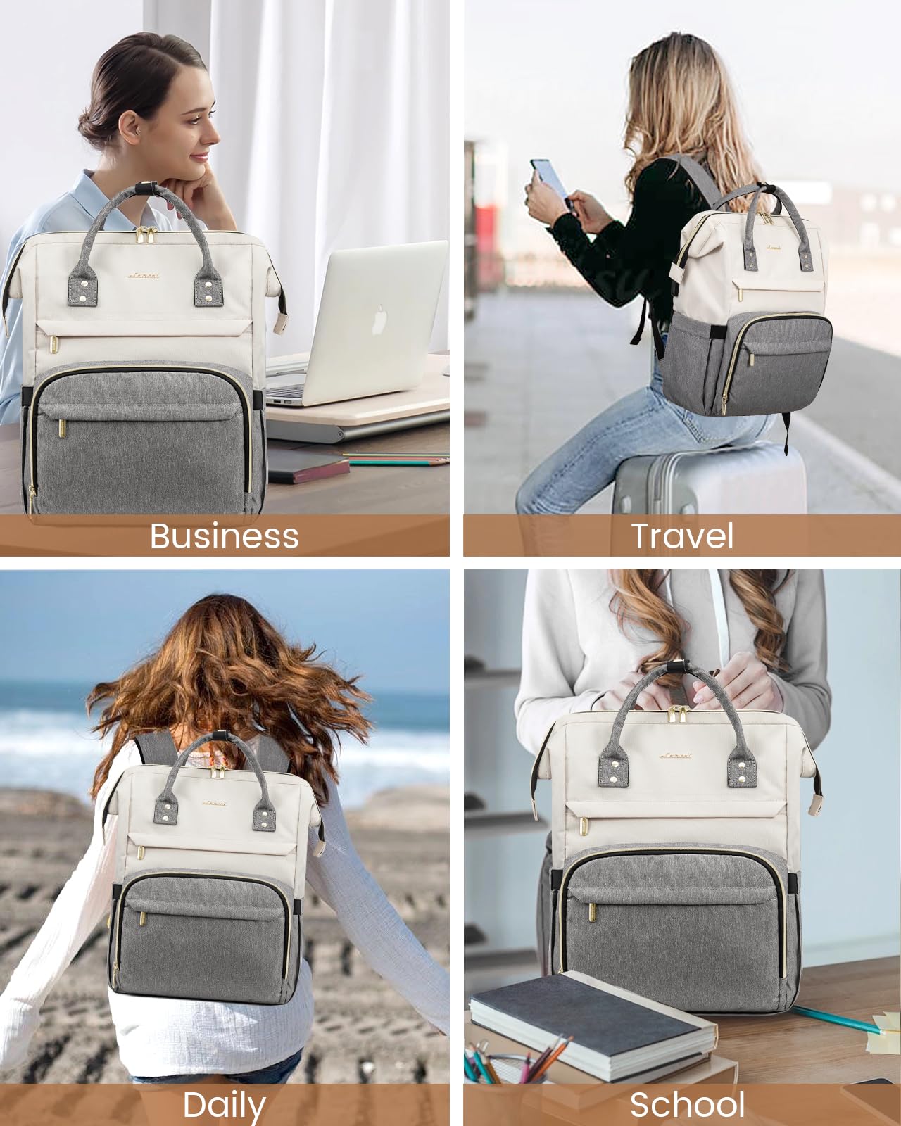 LOVEVOOK Stylish Laptop Backpack for Women - Fashionable Beige Grey Computer Backpack, Perfect for School, Work, Travel, and Daily Commute, Fits 15.6-Inch Laptop