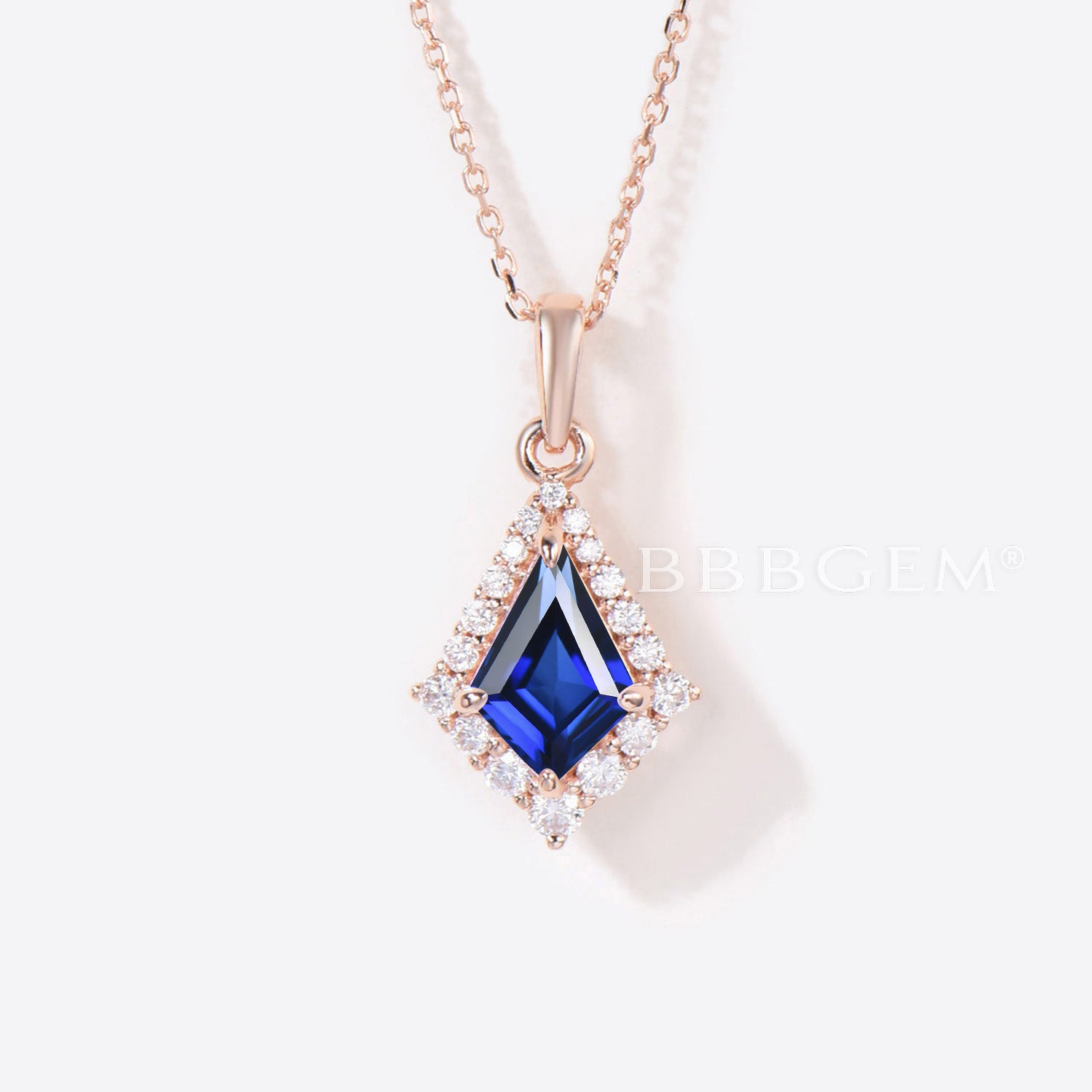 Rose Gold Kite Cut Blue Sapphire Necklace with Halo Moissanite Pendant - Elegant Jewelry Gift for Women, Perfect for Weddings, Anniversaries & Special Occasions