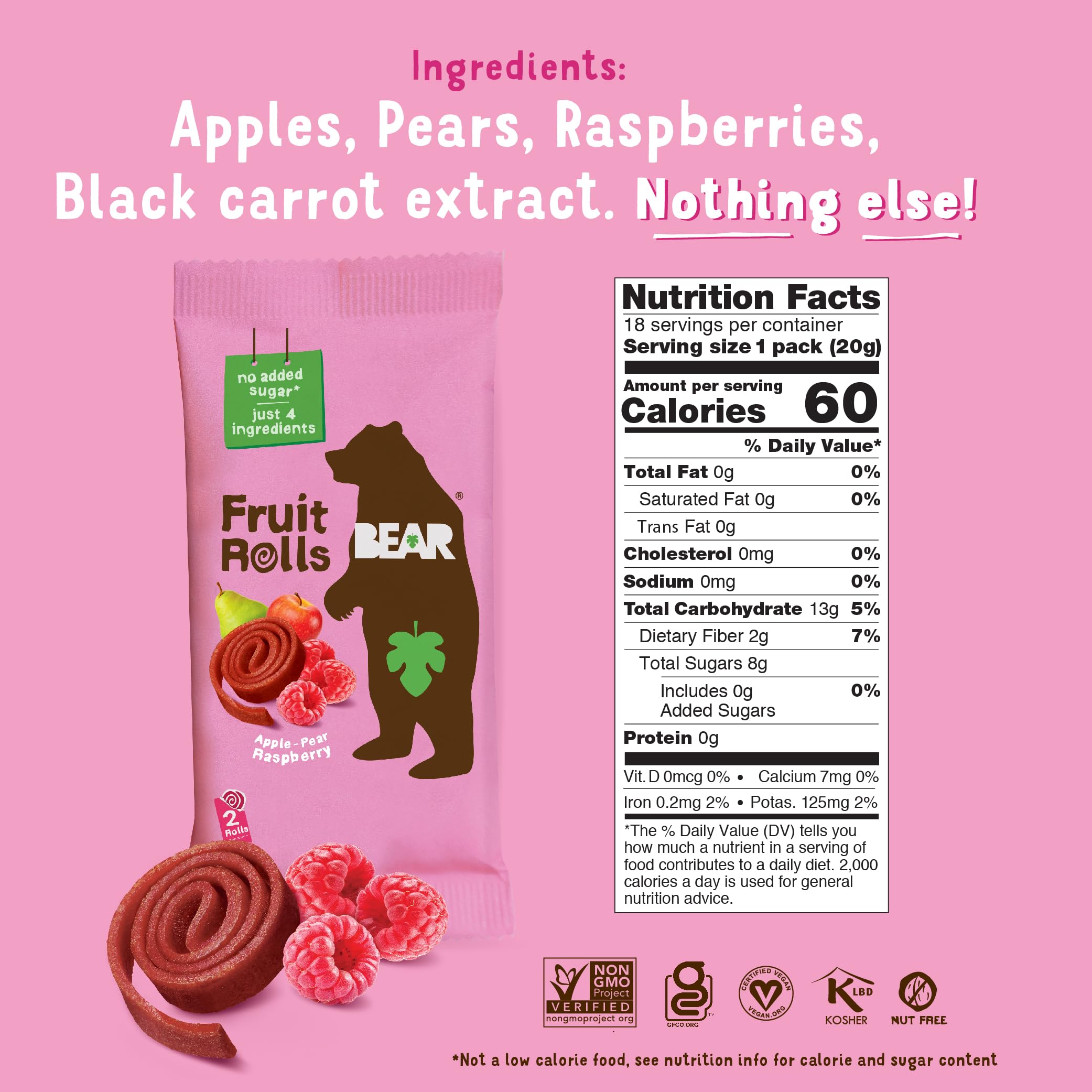 BEAR Real Fruit Snack Rolls - Gluten Free, Vegan, Non-GMO Raspberry - Healthy Snacks for Kids & Adults - Perfect for School & Lunch