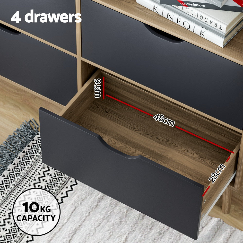 Artiss 4-Drawer Bookshelf - Solid Oak Wood with Blue Accents for Home Office, Living Room & Bedroom Storage & Organization