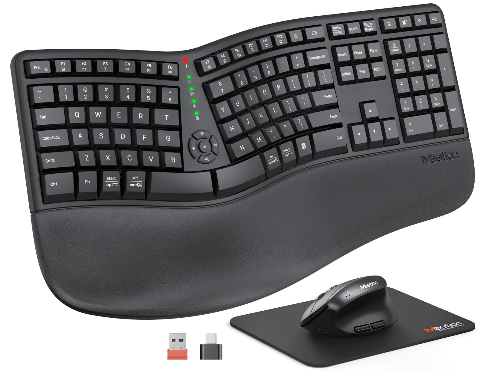 MEETION Ergonomic Wireless Keyboard and Mouse Combo - Split Design with Vertical Mouse, Cushioned Wrist Rest & Palm Support - Rechargeable Full-Size Keyboard for Natural Typing - Compatible with Windows/Mac/PC/Laptop - Perfect for Office Work, Gaming & Long Typing Sessions