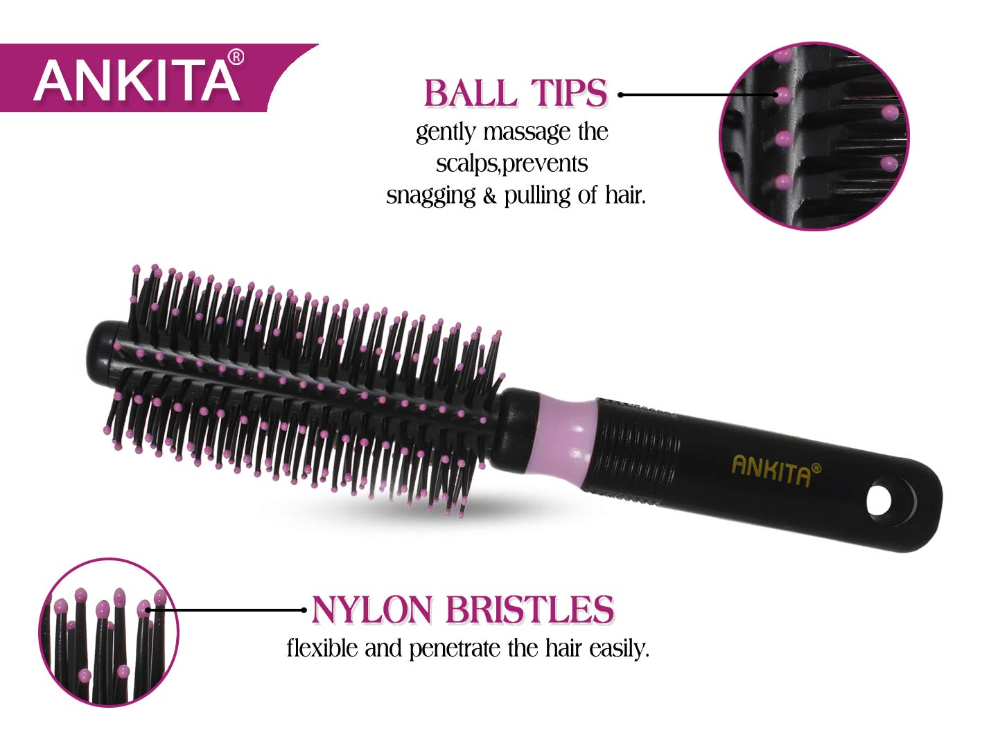Ankita Round Hair Brush with Nylon Bristles - Strong Flexible Soft Bristles for Grooming, Straightening & Detangling Hair - Ideal for Men & Women (Colors May Vary) - Perfect for Salon Styling, Home Hair Care & Travel Essentials