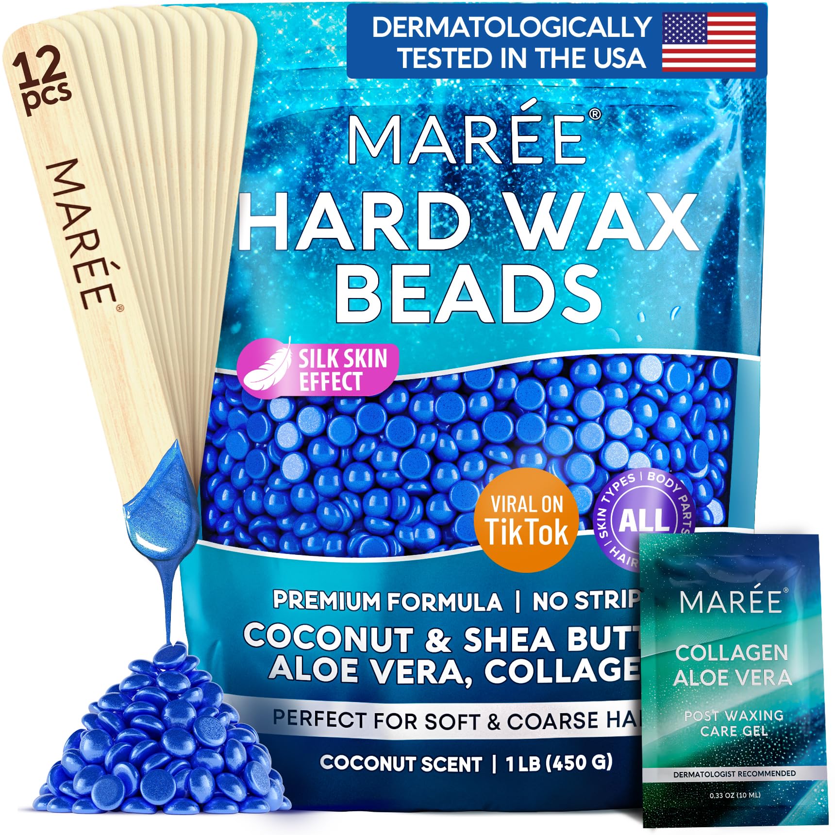 MAREE Hard Wax Beads for Hair Removal - Marine Collagen Shea Butter & Aloe Vera Waxing Kit - 450G for Body, Bikini & Sensitive Skin - At-Home Salon Waxing for Smooth Skin