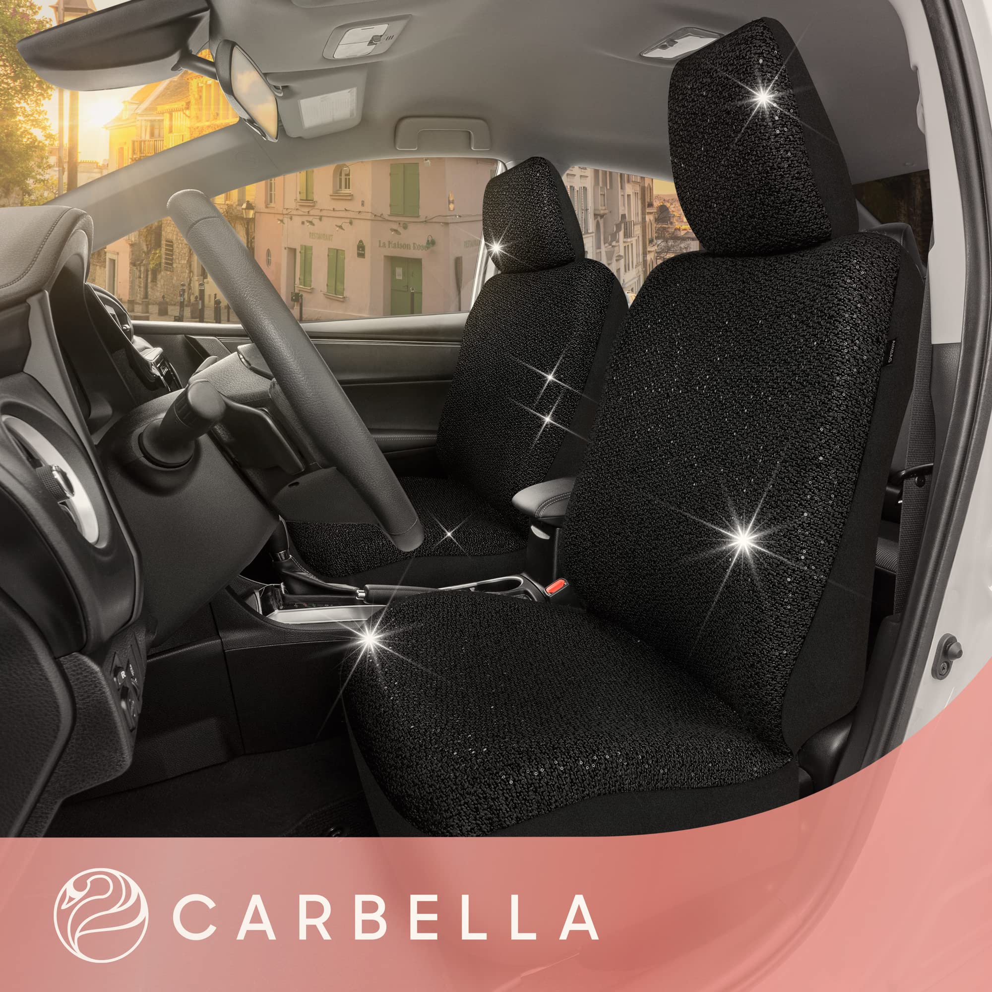 Sparkly Sequin Tweed Car Seat Covers 2-Pack - Beige Shiny Bling Auto Seat Protectors for Cars, Trucks, Vans & SUVs | Luxury Car Accessories for Women | Perfect for Daily Commute, Road Trips & Interior Protection