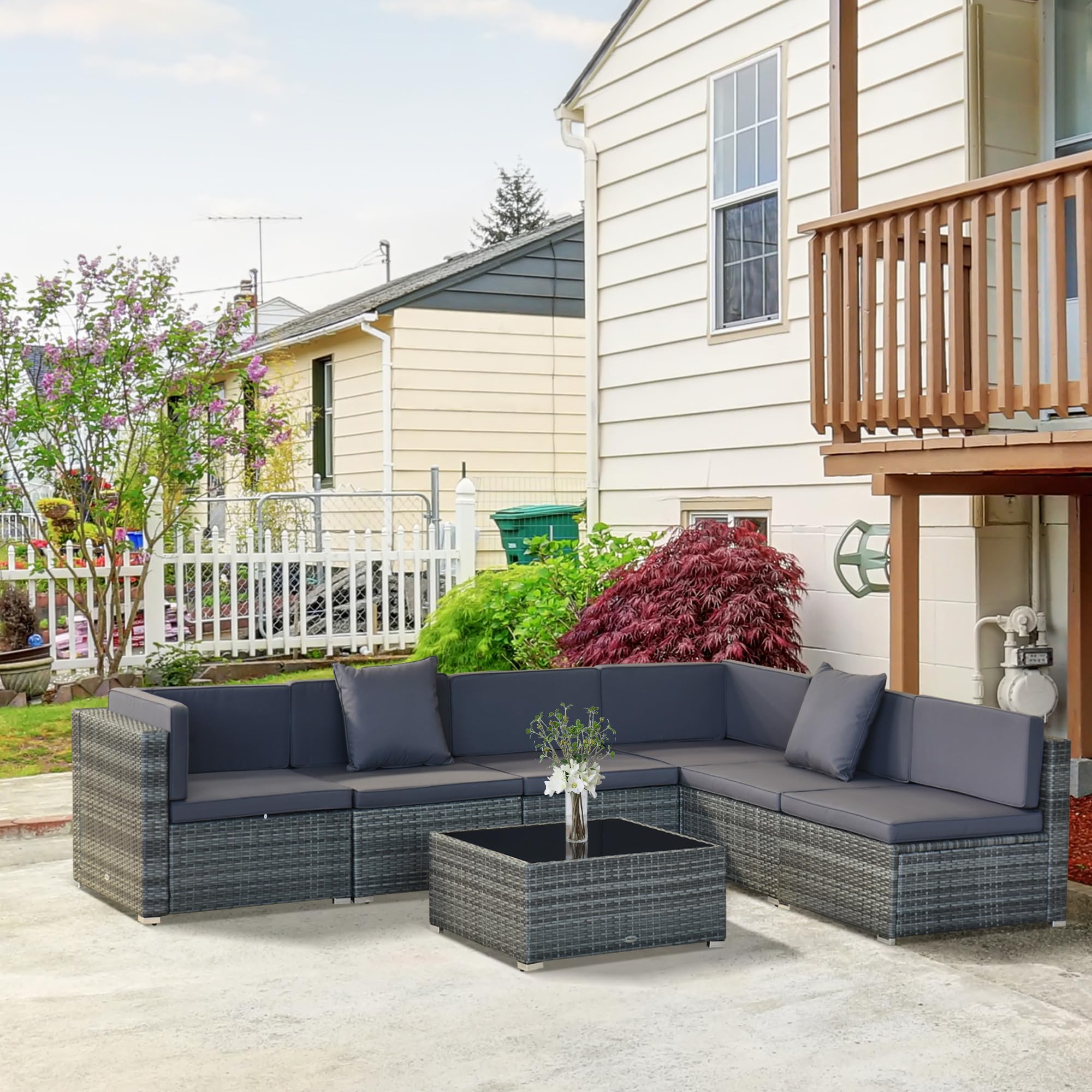 Outsunny 7-Piece All-Weather PE Rattan Patio Furniture Set - Outdoor Wicker Sectional Sofa with Cushions & Tempered Glass Tabletop, Grey - Perfect for Backyard, Garden, Poolside & Patio Relaxation