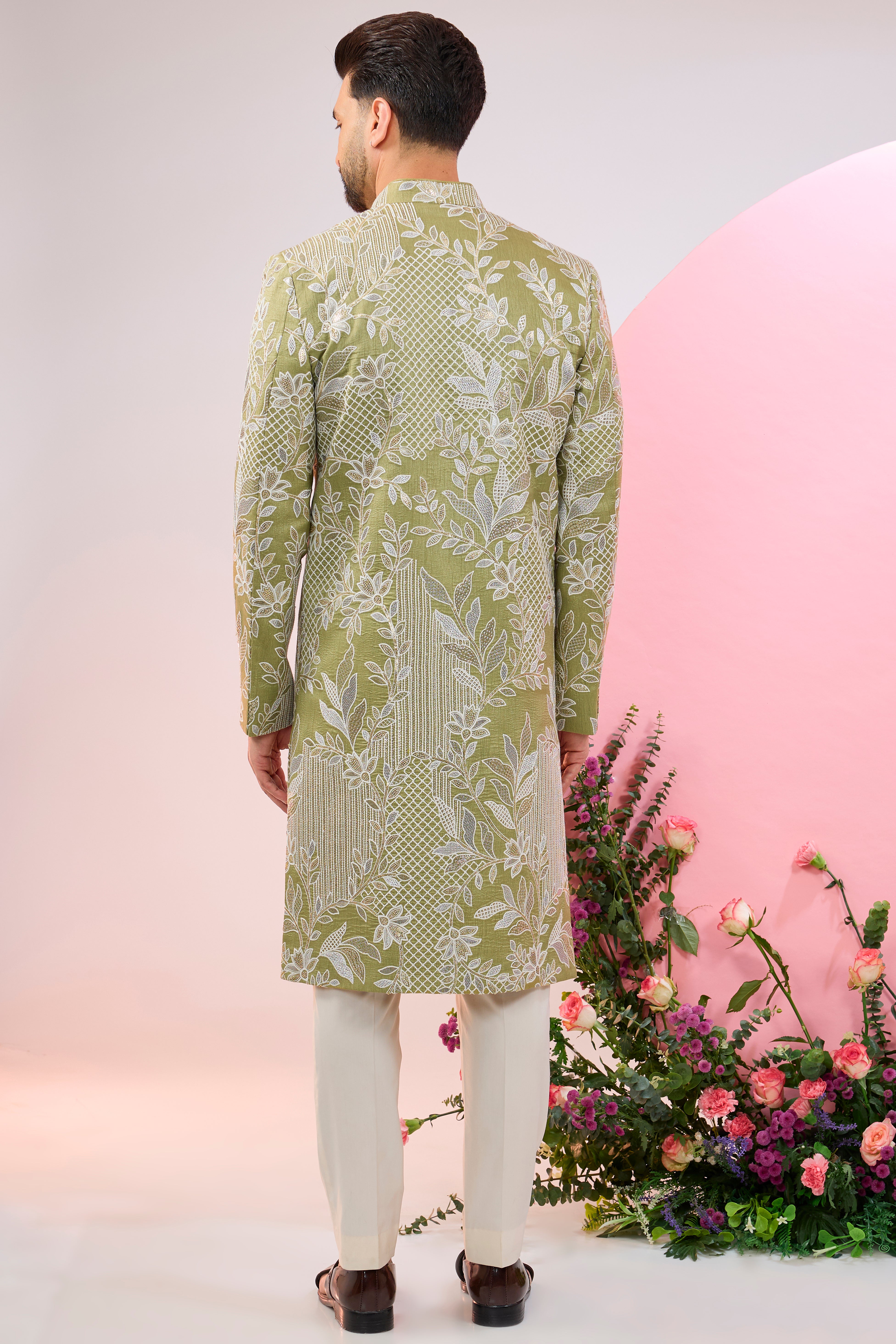 Lime Green Floral Embroidered Sherwani for Men - Traditional Indian Wedding Outfit & Festive Occasion Wear