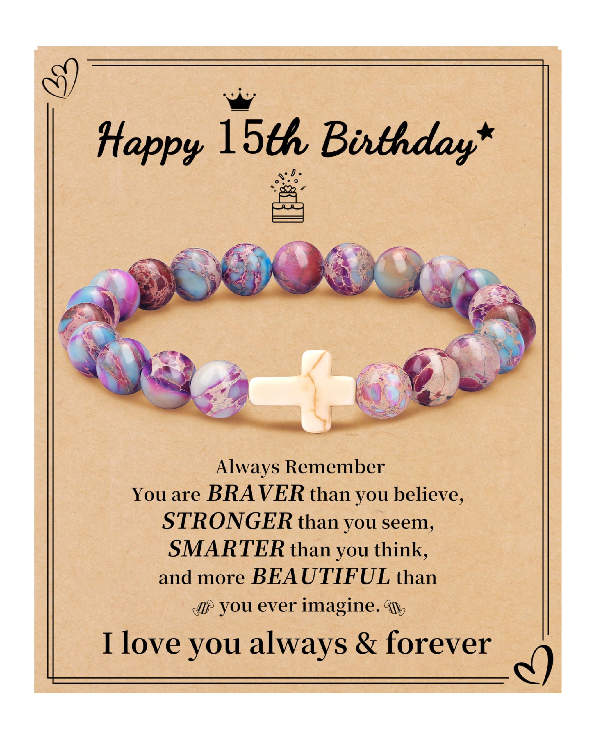 JSJOY Natural Stone Beaded Bracelet - Spiritual Cross Charm Birthday Gift for Women & Girls (Age 6-80) - Perfect for Daughter, Granddaughter, Niece, Mom, Sister - Christian Easter Gift Jewelry for Daily Wear & Special Occasions