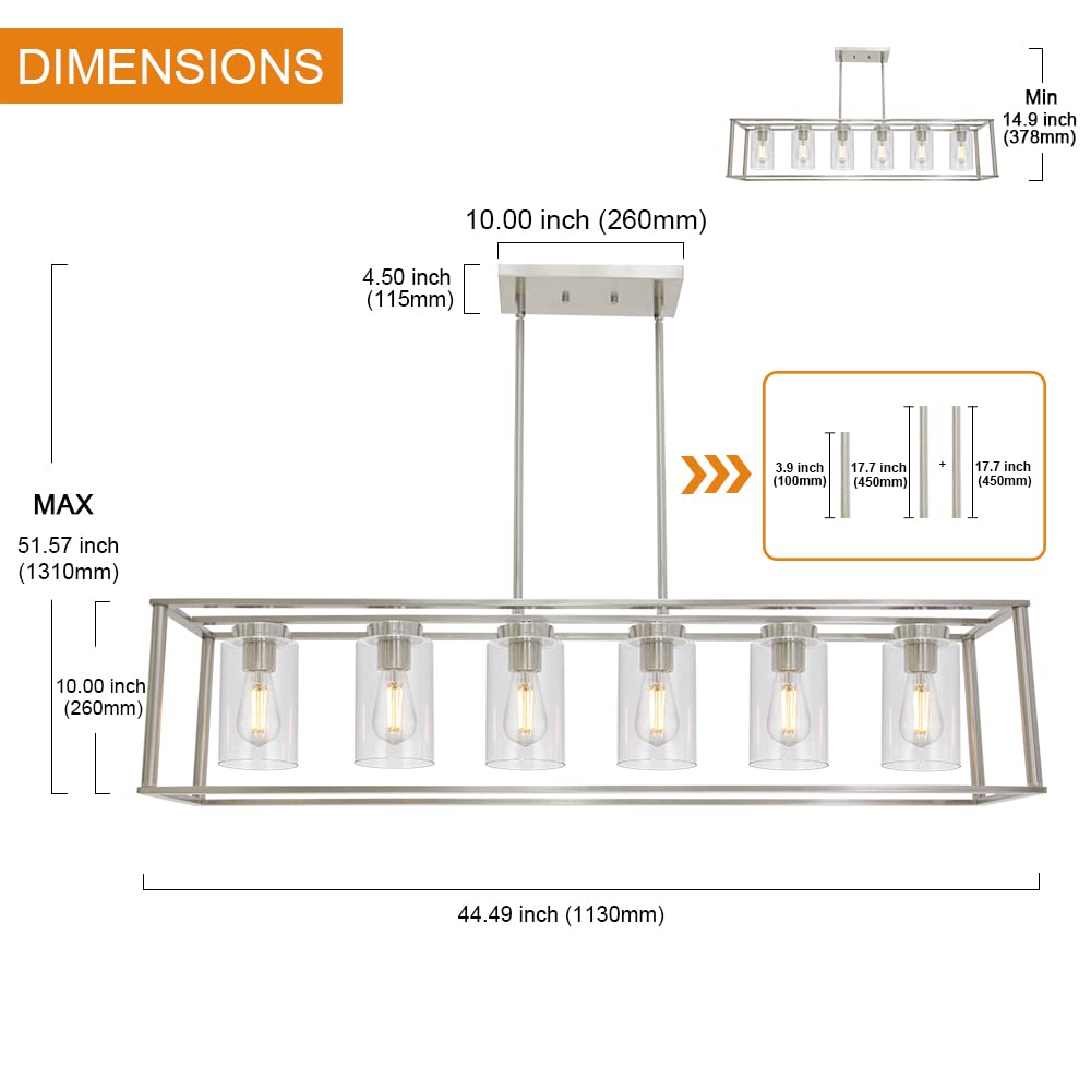 VINLUZ 6-Light Modern Chandelier Brushed Nickel Rectangular Pendant Light - Industrial Style Dining Room & Kitchen Island Lighting Fixture with Glass Shade | Perfect for Farmhouse, Restaurant and Open Concept Spaces