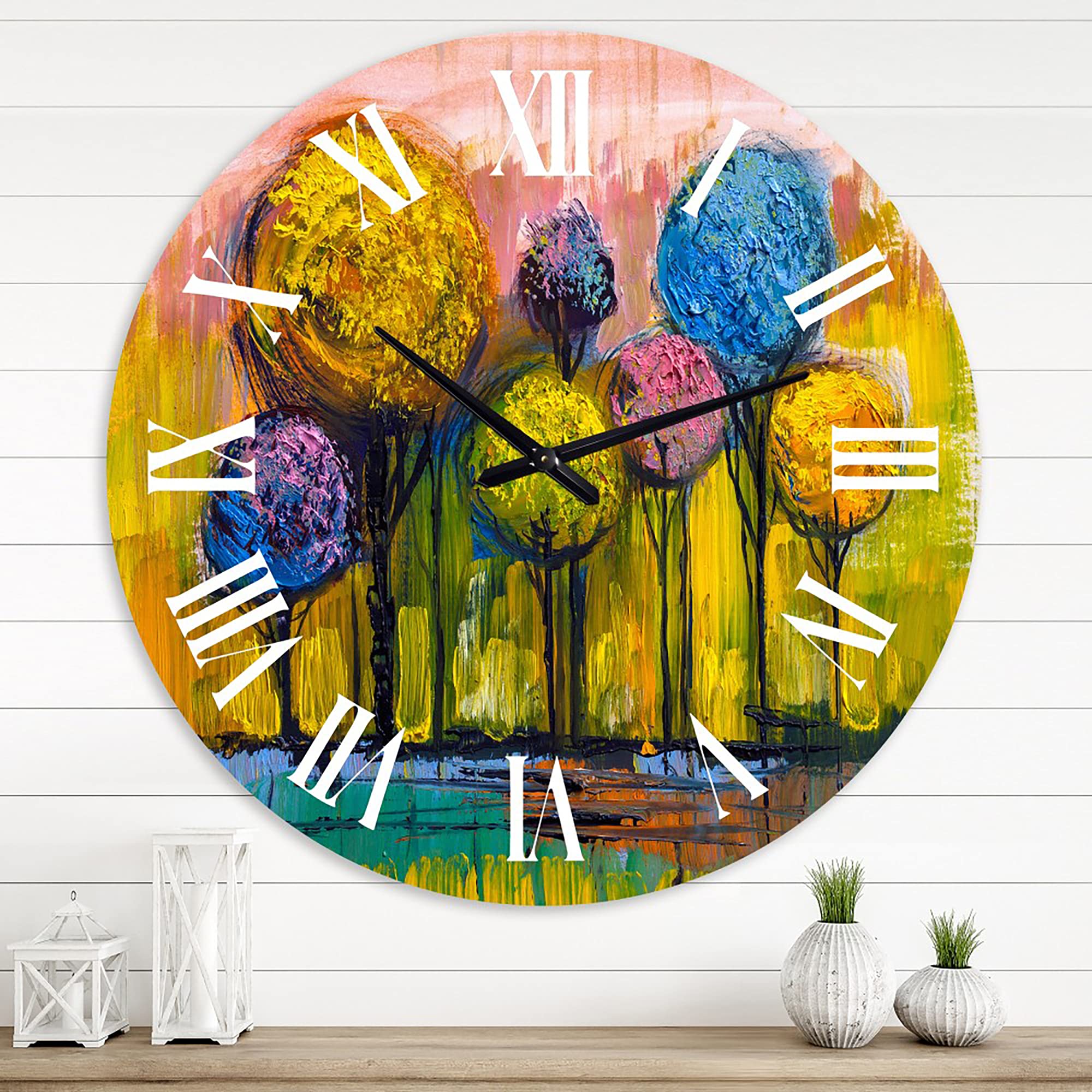 Modern Large Wall Clock - Colorful Trees Impressionist Landscape Art for Home & Office Decor | Perfect for Living Room, Bedroom, or Study Area