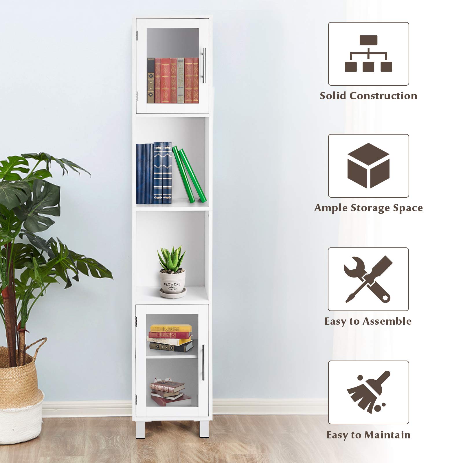 GLACER White Bathroom Storage Cabinet - 71 Inch Tall Kitchen Floor Cabinet with 2 Open Shelves & Tempered Glass Doors - 13x12x71 Inches Organizer for Bath Towels, Toiletries & Cleaning Supplies - Perfect for Small Bathrooms, Laundry Rooms & Kitchen Storage