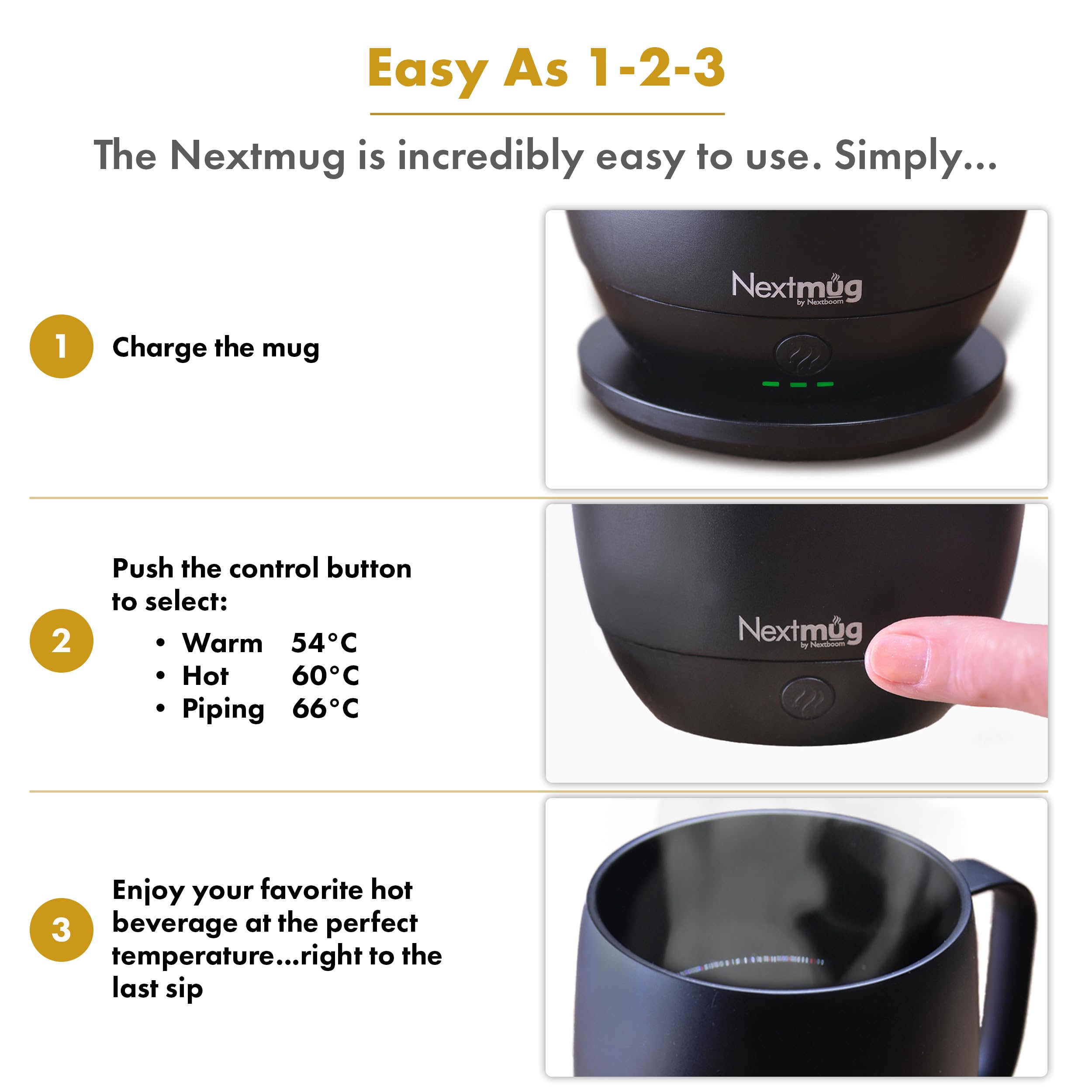 Nextmug - Smart Temperature-Controlled Self-Heating Coffee Mug (14oz) - Perfect for Office, Travel & Home Use - Keeps Beverages Hot for Hours - Black