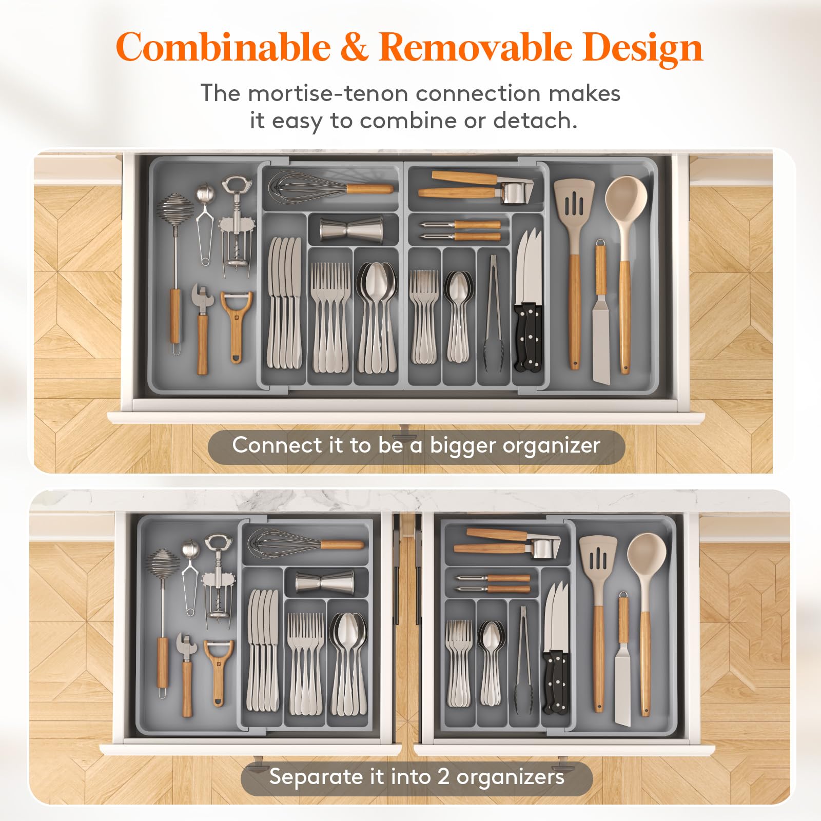 Lifewit Expandable Silverware Drawer Organizer (21-36 Inches) – BPA-Free Plastic Utensil Tray for Kitchen, Adjustable Flatware & Cutlery Holder for Spoons, Forks, Knives – Gray | Perfect for Kitchen Drawer Organization & Utensil Storage