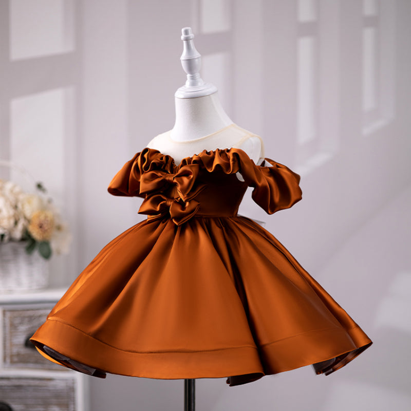 Elegant Baby Girls Cinnamon One Shoulder Bow Princess Dress - Toddler Pageant Gown for Special Occasions, Birthday Parties & Photo Shoots