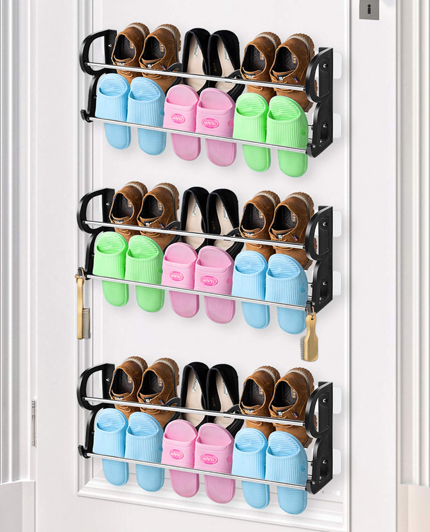 ROMIOR 3-Pack Hanging Shoe Organizer - Over The Door or Wall Mount Shoe Rack with Hooks for Closet, Entryway, Kitchen Storage - Perfect for Small Spaces, Dorm Rooms & Apartment Organization (Large Size)