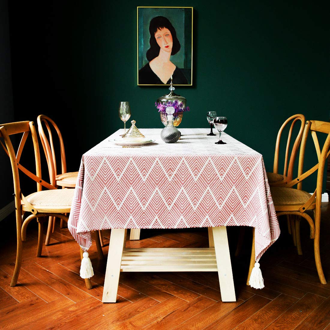 ZIJIAGE Rectangular & Square Tablecloth - Wipe Clean, Tassel Trimmed American Country Style Table Cover - Solid Green/Pink/Yellow & Striped Pattern Placemat - 90x90cm - Perfect for Dining Room, Kitchen, Picnic & Party Decor