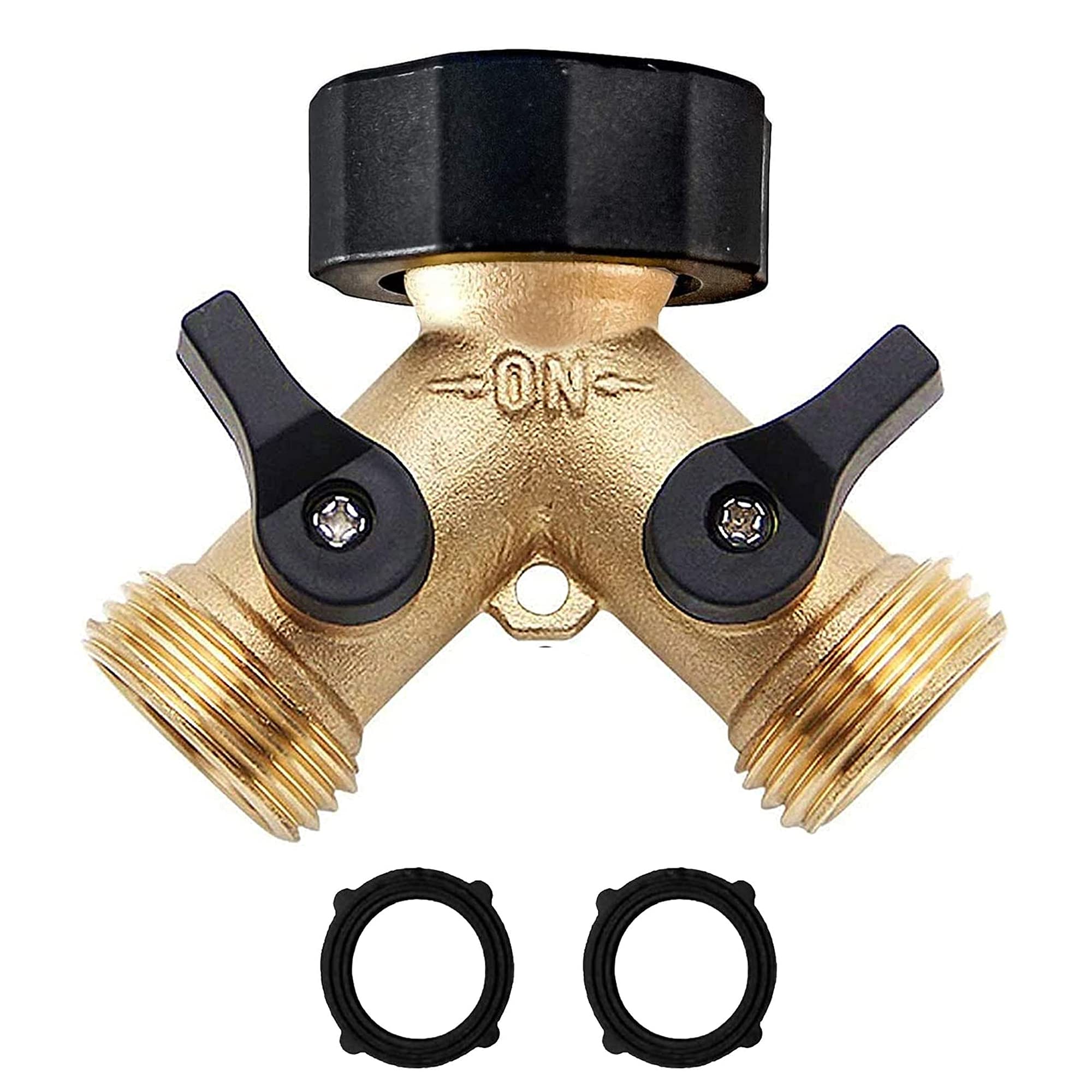Heavy Duty 2-Way Brass Garden Hose Splitter with 2 Valves & Extra Rubber Washers - Perfect for Lawn Irrigation, Car Washing & Outdoor Watering