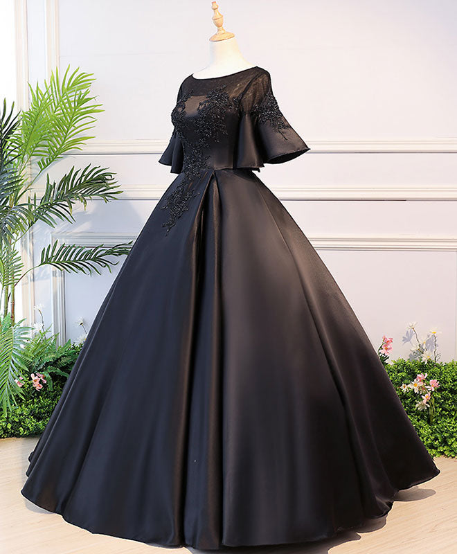 Elegant Black Round Neck Satin Lace Long Prom Dress for Sweet 16 | Formal Evening Gown for Homecoming, Quinceañera & Special Occasions