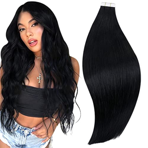 RUNATURE 16 Inch Jet Black Tape-In Hair Extensions – 50g/20pcs Real Human Hair for Women | Seamless Blending, Easy Application for Daily Wear, Parties & Special Occasions