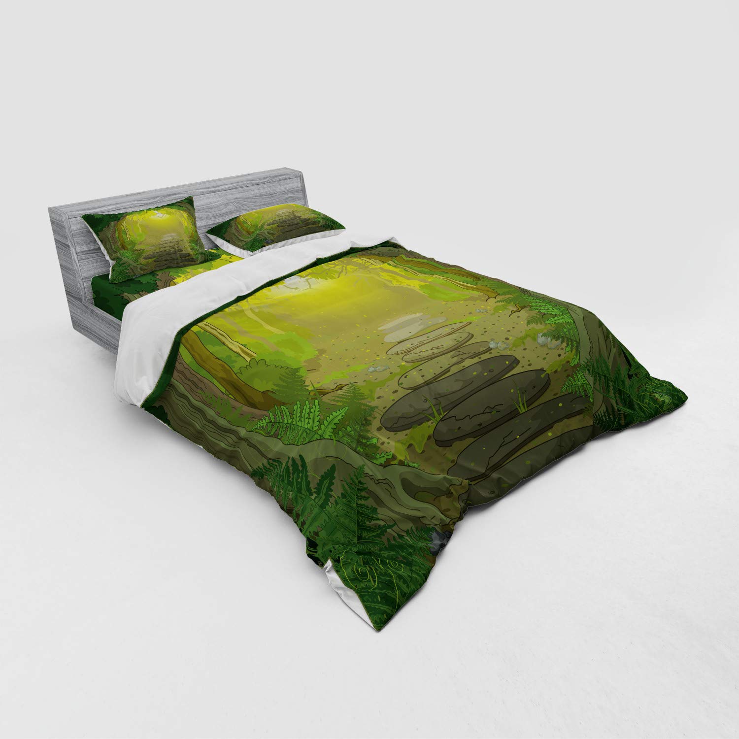 Ambesonne Forest Duvet Cover Set - Queen Size 4-Piece Bedding with Trees & Ferns Design, Includes Shams & Fitted Sheet in Fern Green & Yellow | Perfect for Nature-Themed Bedrooms, Guest Rooms & Cozy Cabin Retreats