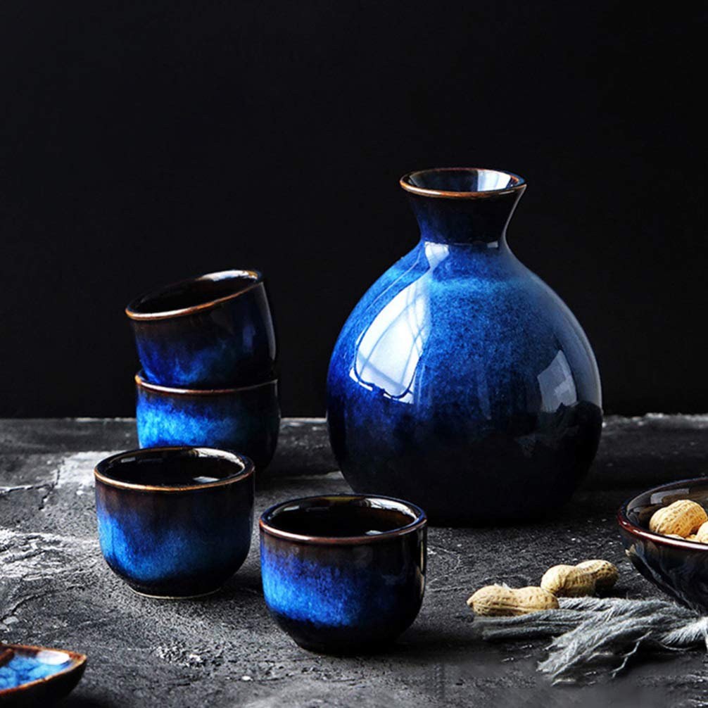 Premium Japanese Sake Set - Traditional Ceramic Sake Serving Kit with 1 Pot & 4 Cups - Authentic Sake/Soju/Shot Glasses - Ideal for Japanese Restaurants, Home Bars, Tea Ceremonies & Gift Giving