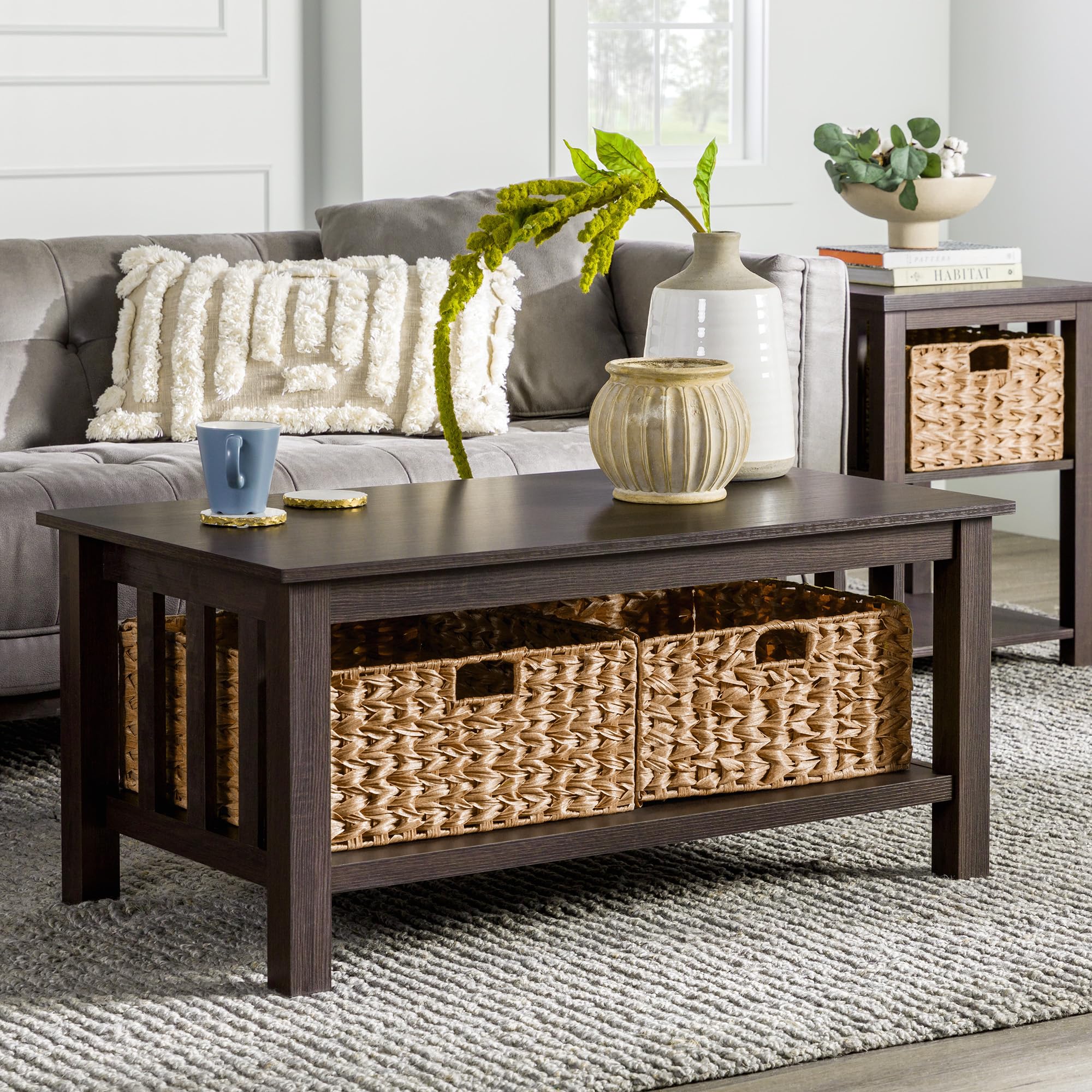 Walker Edison Alayna Mission Style Two-Tier Coffee Table with Rattan Storage Baskets - 40 Inch Espresso Finish - Perfect for Living Room, Lounge & Home Decor