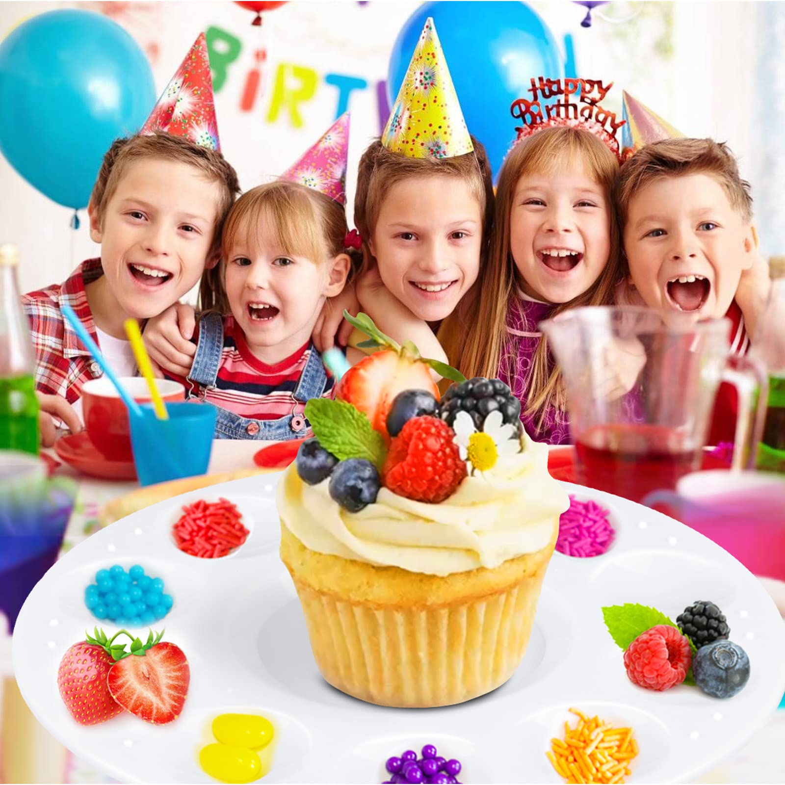 AIERSA 10-Piece Cupcake Decorating Plates Set for Kids Birthday Parties - Non-Slip Dessert Sprinkles Tray with 10 Wells - Fun Baking Supplies for Birthday Cakes, Cupcakes & Party Treats - Perfect for DIY Decorating, Classroom Activities & Family Baking Time