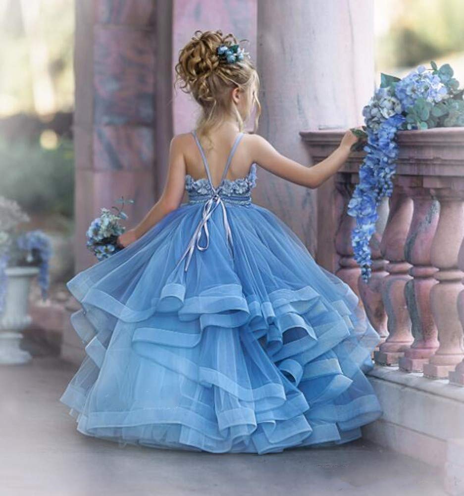 Honeydress Girls Spaghetti Strap Lace Floral Applique Tiered A-Line Pageant Dress - Sky Blue Kids Birthday Party Gown for Special Occasions & Photo Shoots