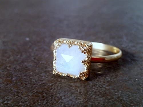 Genuine Moonstone Square Ring - June Birthstone Stacking Ring with Rainbow Colors & Bezel Setting in Gold - Perfect for Daily Wear, Gift Giving & Special Occasions