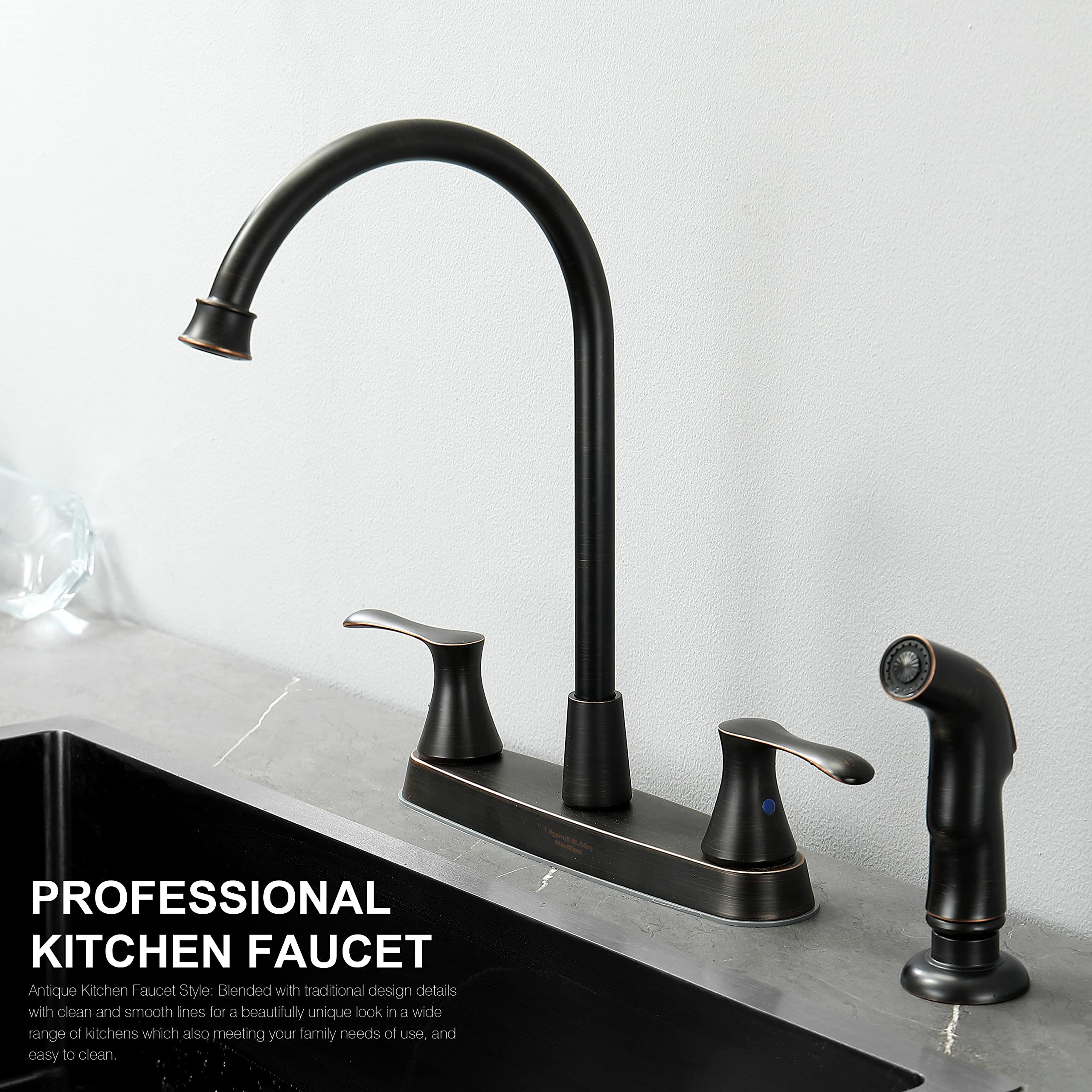 Oil-Rubbed Bronze Kitchen Faucet with Side Sprayer - 2-Handle 4 Hole Sink Faucet in Classic Bronze Finish - Perfect for Modern Farmhouse & Traditional Kitchens