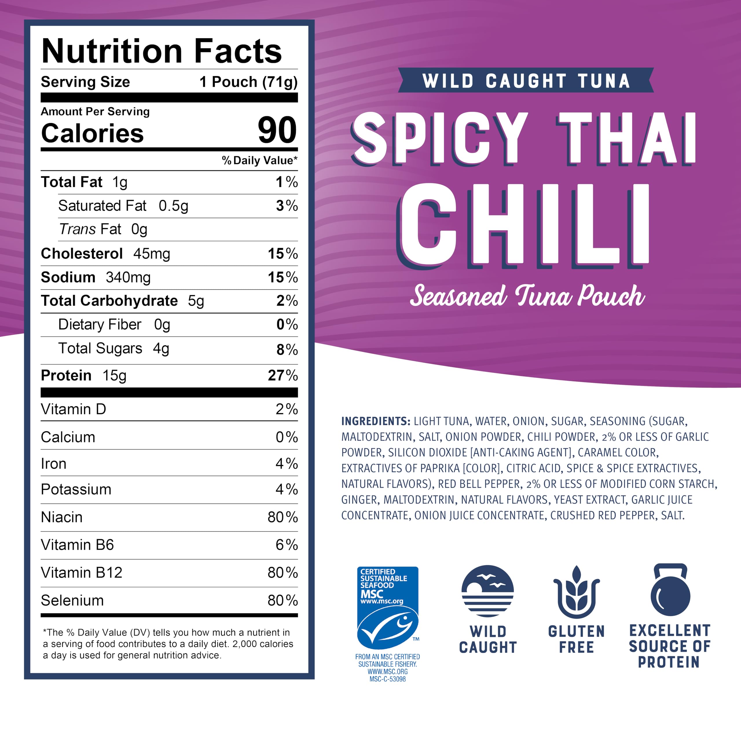 Bumble Bee Spicy Thai Chili Seasoned Tuna, 2.5 oz Pouches (Pack of 12) - Ready to Eat Wild Caught Tuna - High Protein 15g per Serving - Gluten Free & Non-GMO - Perfect for Lunches, Camping & Emergency Food Kits