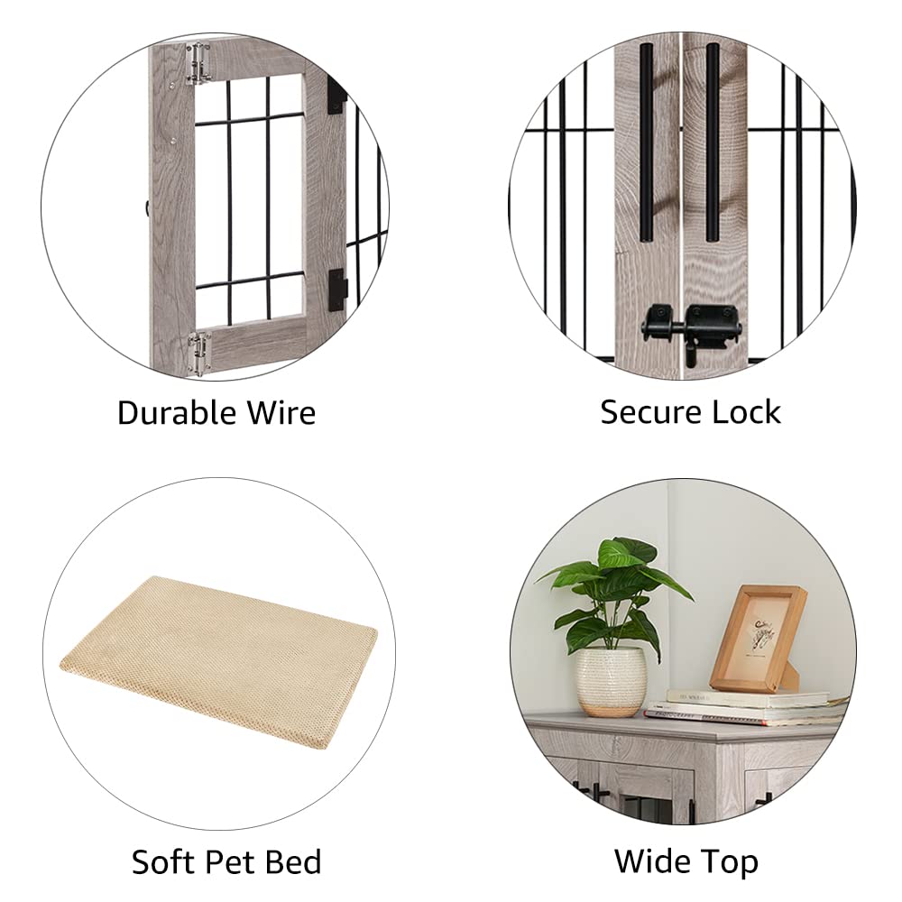 BeeNbkks Wooden Dog Crate End Table with Double Doors - Stylish Wire Kennel & Removable Pet Bed for Medium to Large Dogs - Perfect Indoor Dog House for Living Room, Bedroom or Office Decor