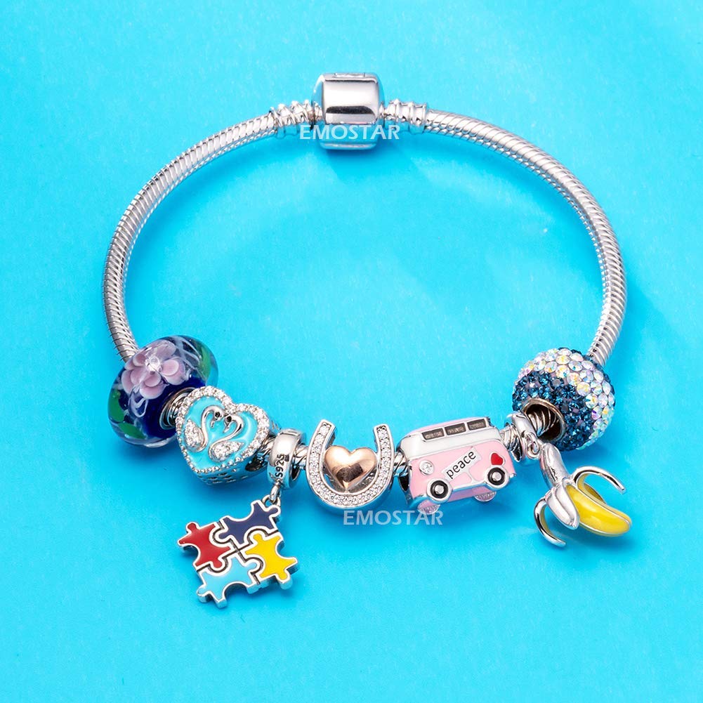 EMOSTAR 925 Sterling Silver Autism Awareness Jewelry Set - Puzzle Piece & Heart Pendant Charms for Women's Bracelet | Thoughtful Gift for Wife, Mom, Christmas | Perfect for Autism Awareness Events, Daily Wear & Special Occasions