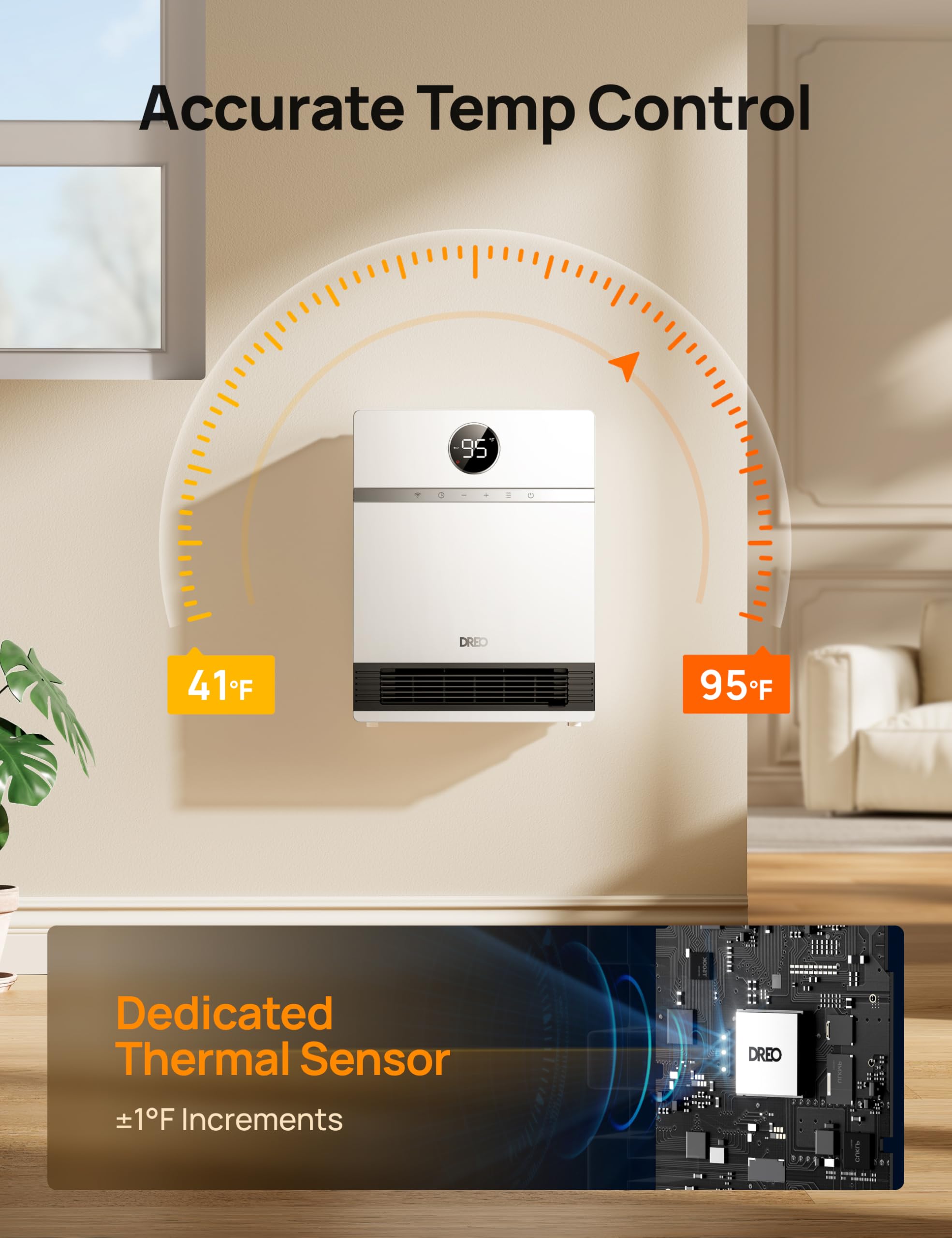 Dreo Smart Wall Heater with Remote Control - 1500W Electric PTC Space Heater for Indoor Use, IP24 Safe, 30° Oscillation, Adjustable Thermostat, Alexa Compatible, 24H Timer - Perfect for Bedroom, Office, and Home Heating - Easy Mount & Energy Efficient