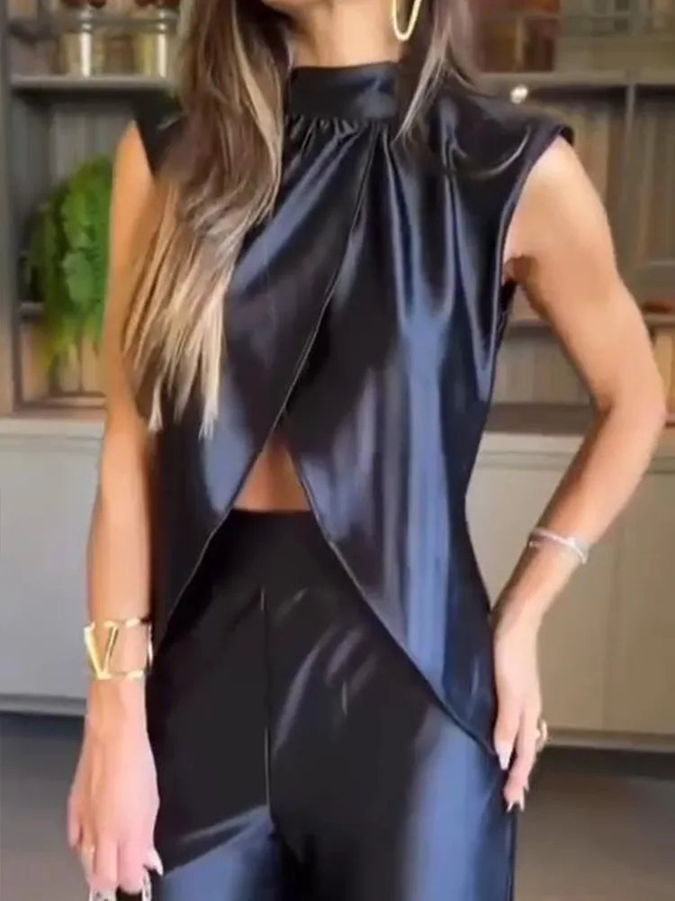 Drauuing Women's 2-Piece Outfit Set - Sleeveless Split Hem Tank Top & Wide Leg Pants | Silk Matching Lounge Set | Comfortable Summer Casual Wear for Women | Perfect for Home, Vacation & Beach