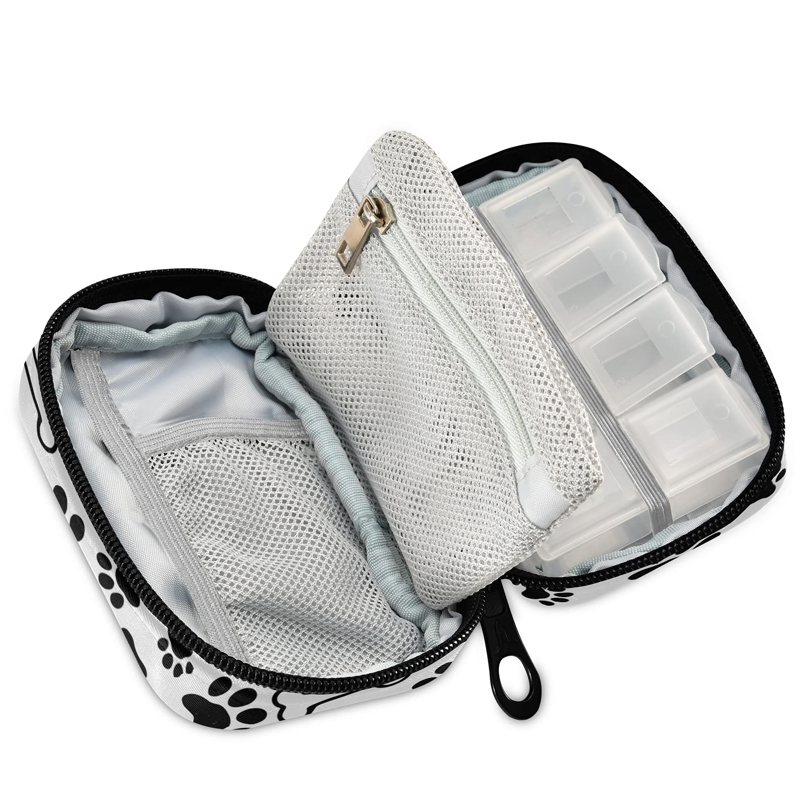 Black Pet Paws Print & Bones Pattern White Pill Organizer Case - Removable Plastic Compartments, Zippered Medicine Storage Bag - Perfect for Travel, Daily Medication & Pet First Aid Supplies