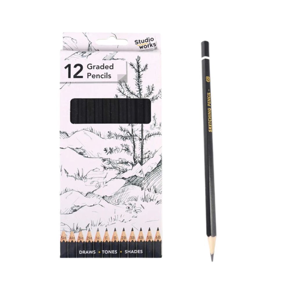 12-Piece Studio Works Graded Lead Pencils Set - Assorted Soft & Hard Graphite Grades for Sketching, Drawing & Professional Artwork