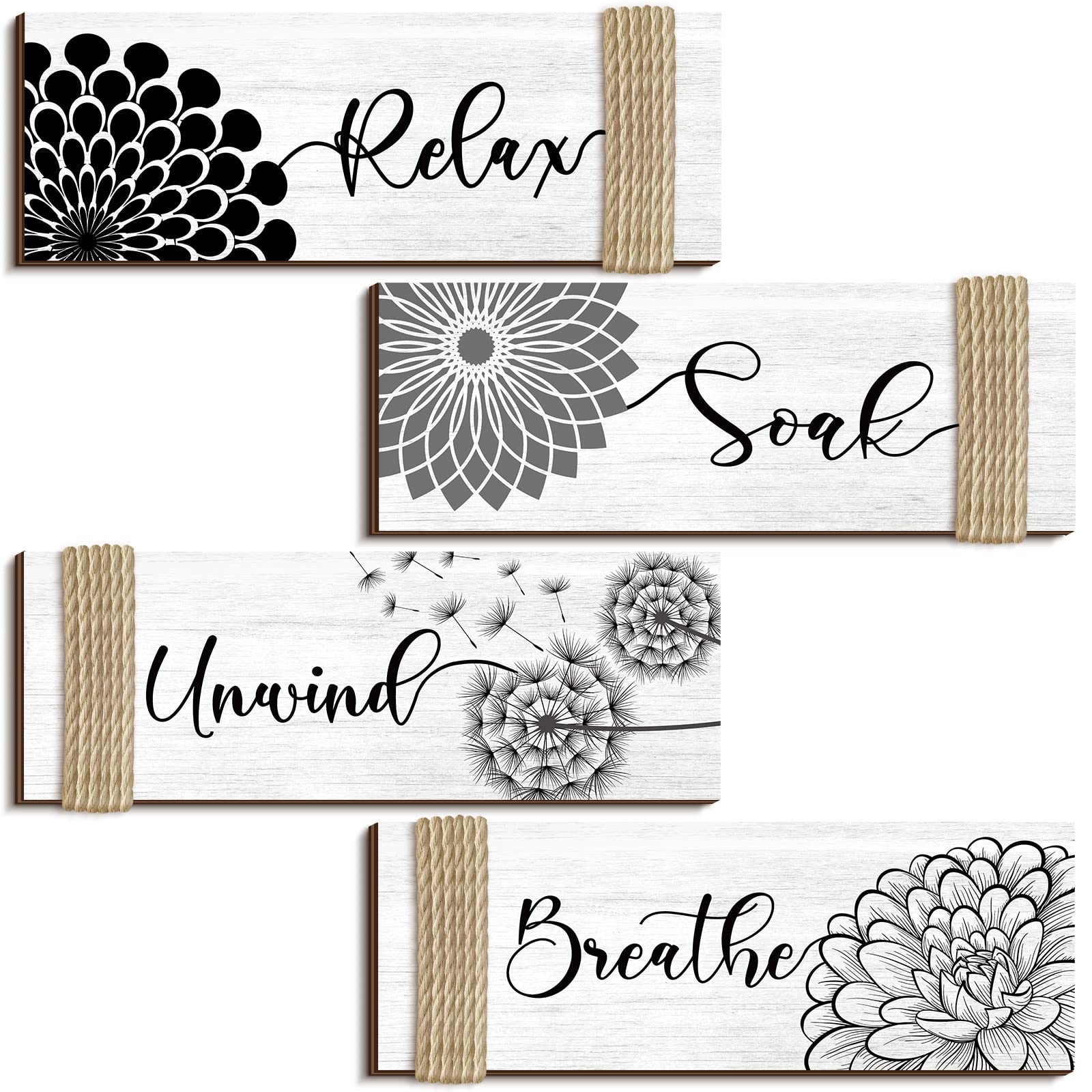 4-Piece Farmhouse Bathroom Wall Decor Set - Relax, Soak, Unwind, Breathe Signs - Rustic Floral Bathroom Wall Art - Vintage White Wooden Wall Decor for Home, Spa & Bathroom - 11 x 4 Inches - Perfect for Farmhouse, Cottage & Boho Style Bathrooms