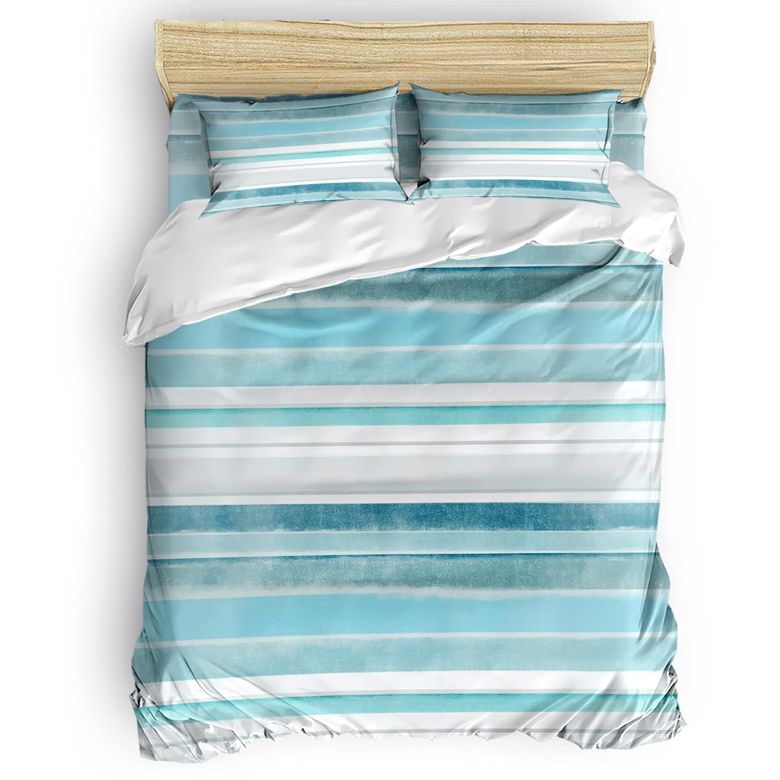 Queen Comforter Set - Modern Bohemian Striped Blue Bedding | Lightweight Breathable Polyester Duvet Cover with Sheet & 2 Pillow Shams | Perfect for Guest Rooms, Master Bedrooms & Cozy Home Decor
