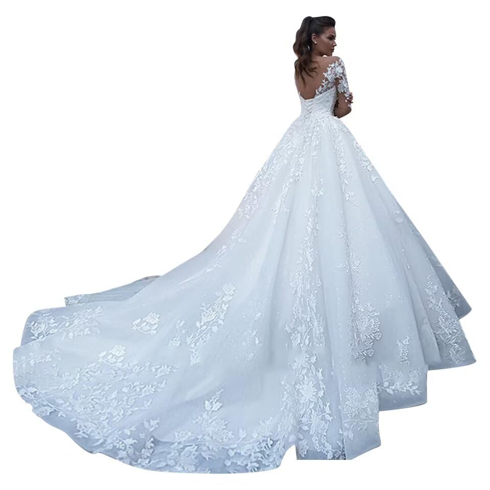 SYYS 2025 Lace Wedding Dress for Bride - Long V Neck Ball Gown with Elegant Embroidery | Perfect for Church Ceremony, Beach Wedding & Formal Reception (SYYS26-D)