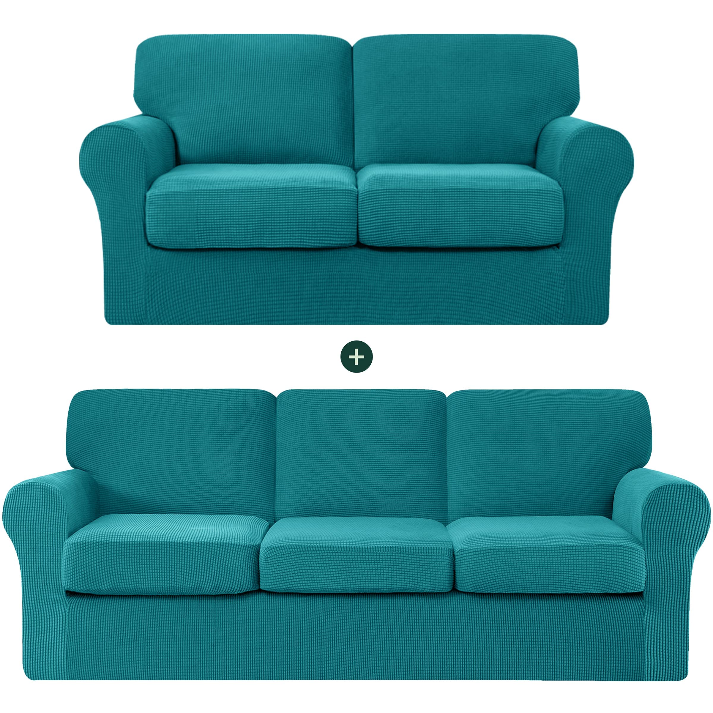 CHUN YI Loveseat Sofa Cover Set - Large Couch Slipcover with Detachable Backrests & Cushions, Stretchable Jacquard Fabric in Teal Check Pattern | Perfect for Living Room, Bedroom & Home Decor Protection